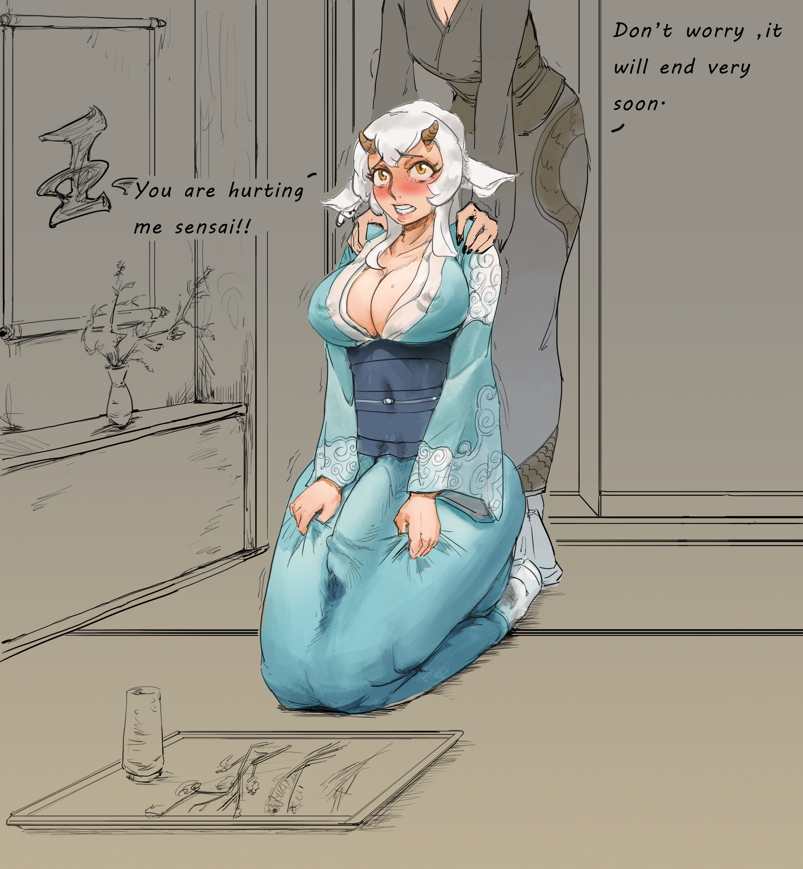 1futa, 1girls, animal ears, ballbusting, balls, balls squeeze, bearthing, big breasts, breasts, bulge, cleavage, clenched teeth, clothed, clothing, cock and ball torture, cock and balls torture, dialogue, duo, erection under clothes, female, full body, fully clothed, futa focus, futanari, goat girl, horns, huge cock, humanoid, humanoid penis, intersex, kemonomimi, kneeling, light skin, light-skinned futa, penis, precum through clothing, rolling eyes, short hair, solo focus, standing, text, white hair