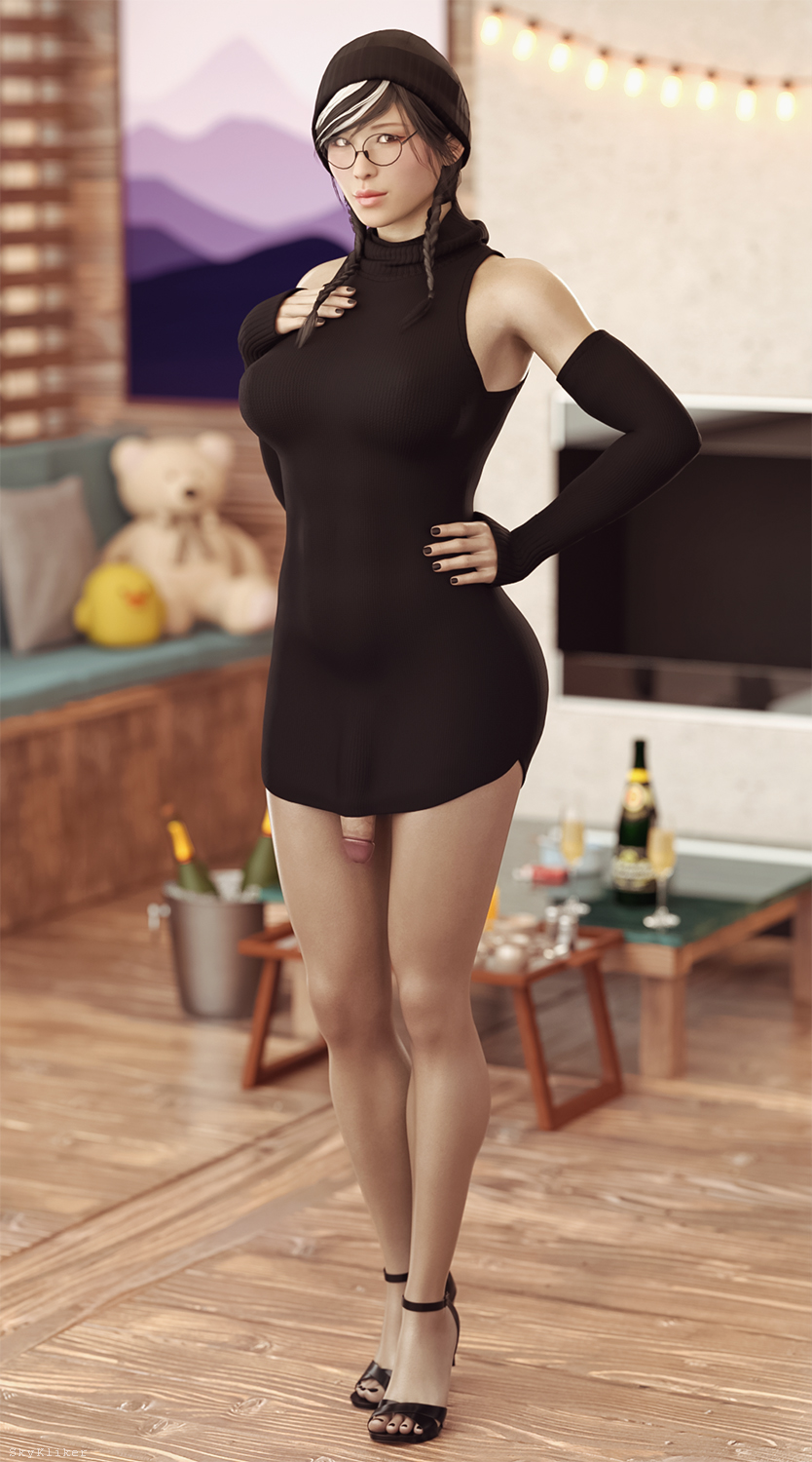 1futa, 3d, asian, asian futa, beanie, bottomless skirt, bulge, bulge through clothing, dickgirl, dokkaebi (rainbow six), flaccid, futa only, futanari, glasses, high heels, intersex, korean, nail polish, penis, penis out, penis under clothes, penis under skirt, rainbow six, rainbow six siege, skirt, skykliker, solo, solo focus, solo futa, tight clothing, tight dress, toes, twintails