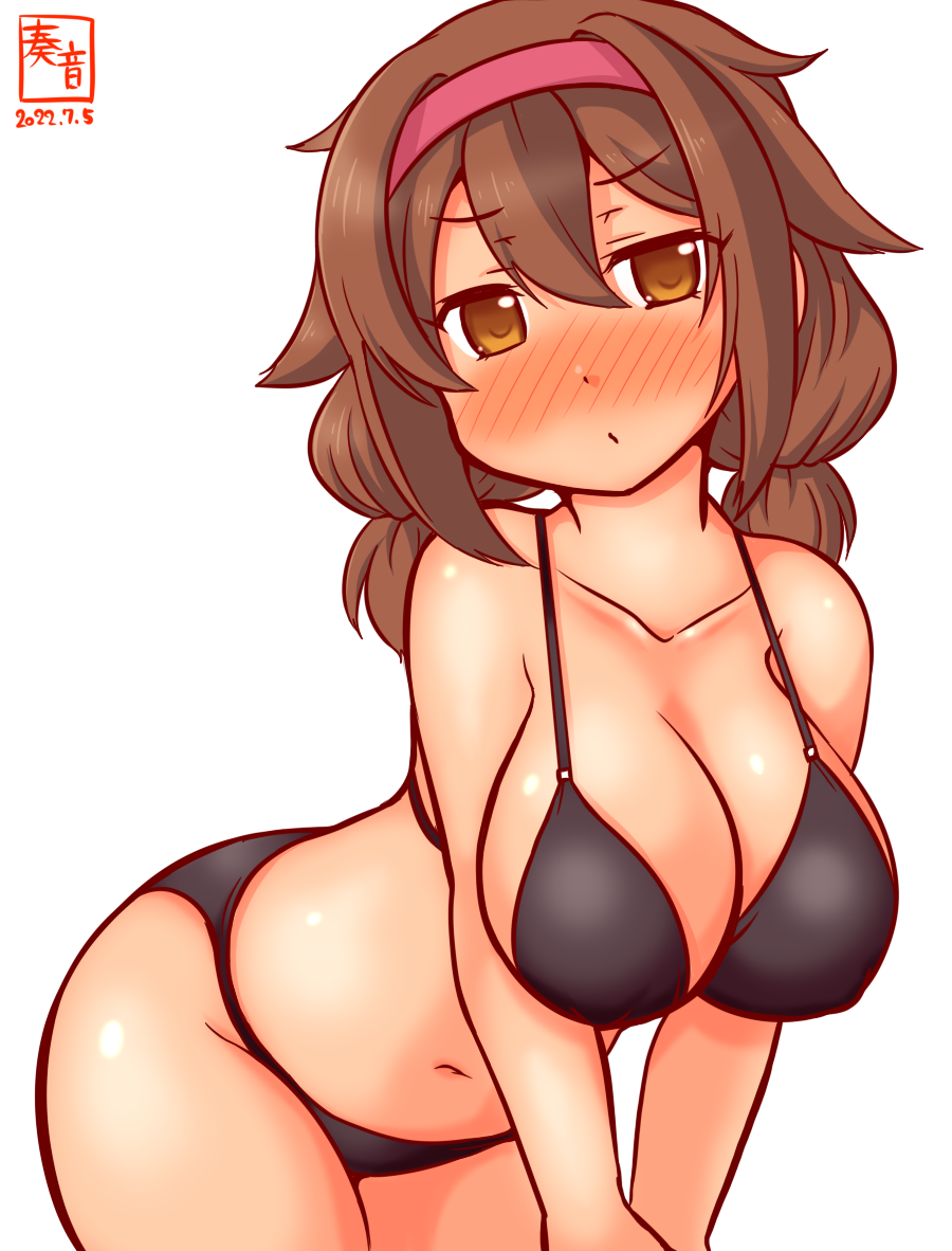 1girls artist_logo bikini black_bikini blush blush_lines blushing breasts brown_eyes brown_hair cleavage collarbone cowboy_shot dated female hair_flaps hairband kanon_(kurogane_knights) kantai_collection large_breasts leaning_forward looking_at_viewer low_twintails medium_hair nose_blush one-hour_drawing_challenge red_hairband shiratsuyu_(kantai_collection) simple_background solo swimsuit tan twintails white_background