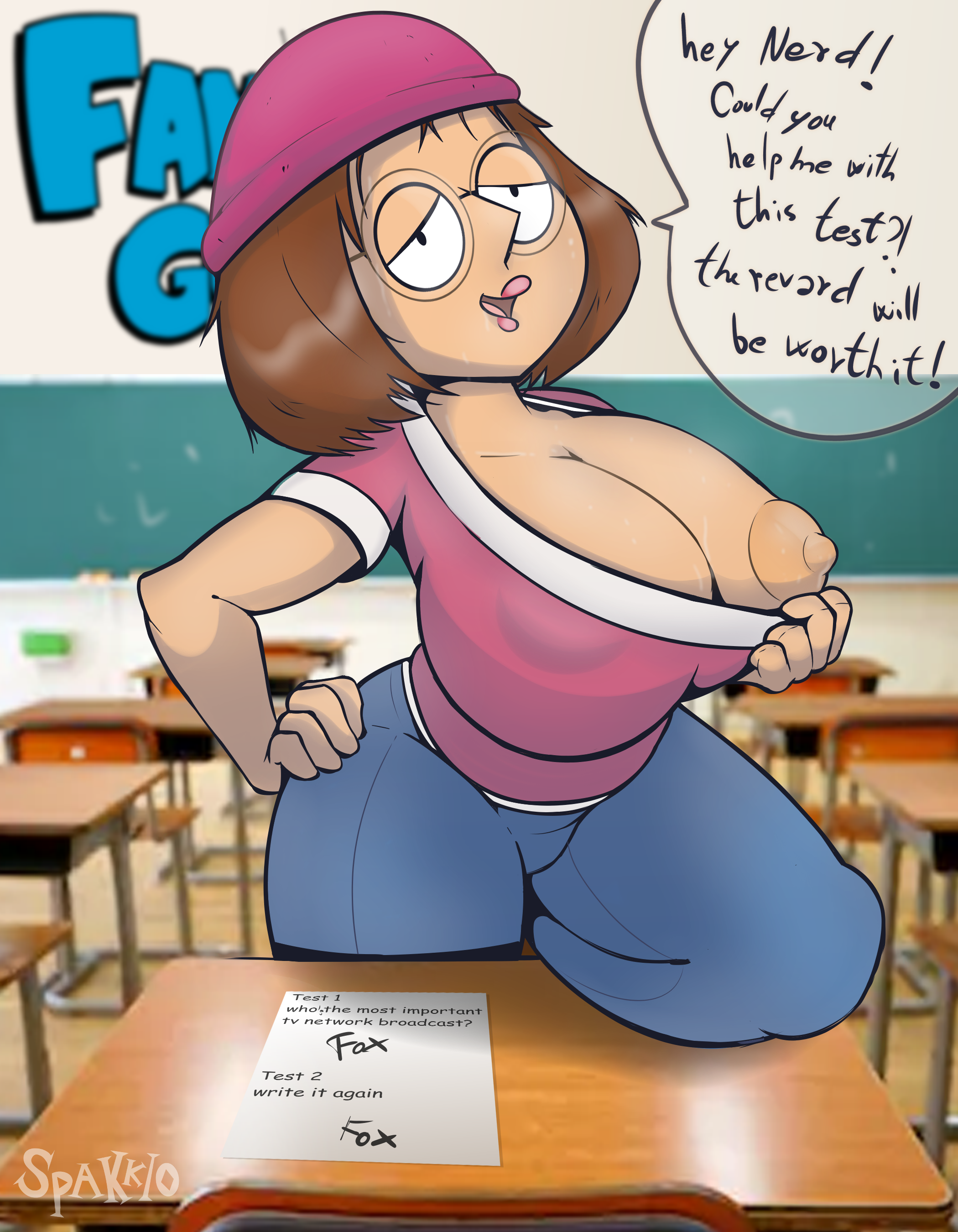 alternate breast size, big breasts, breasts, classroom, family guy, female, huge breasts, looking at viewer, meg griffin, nipple slip, nipples visible through clothing, no bra, pov, public, public exposure, public nudity, revealing clothes, school, schoolgirl, talking to viewer, teasing