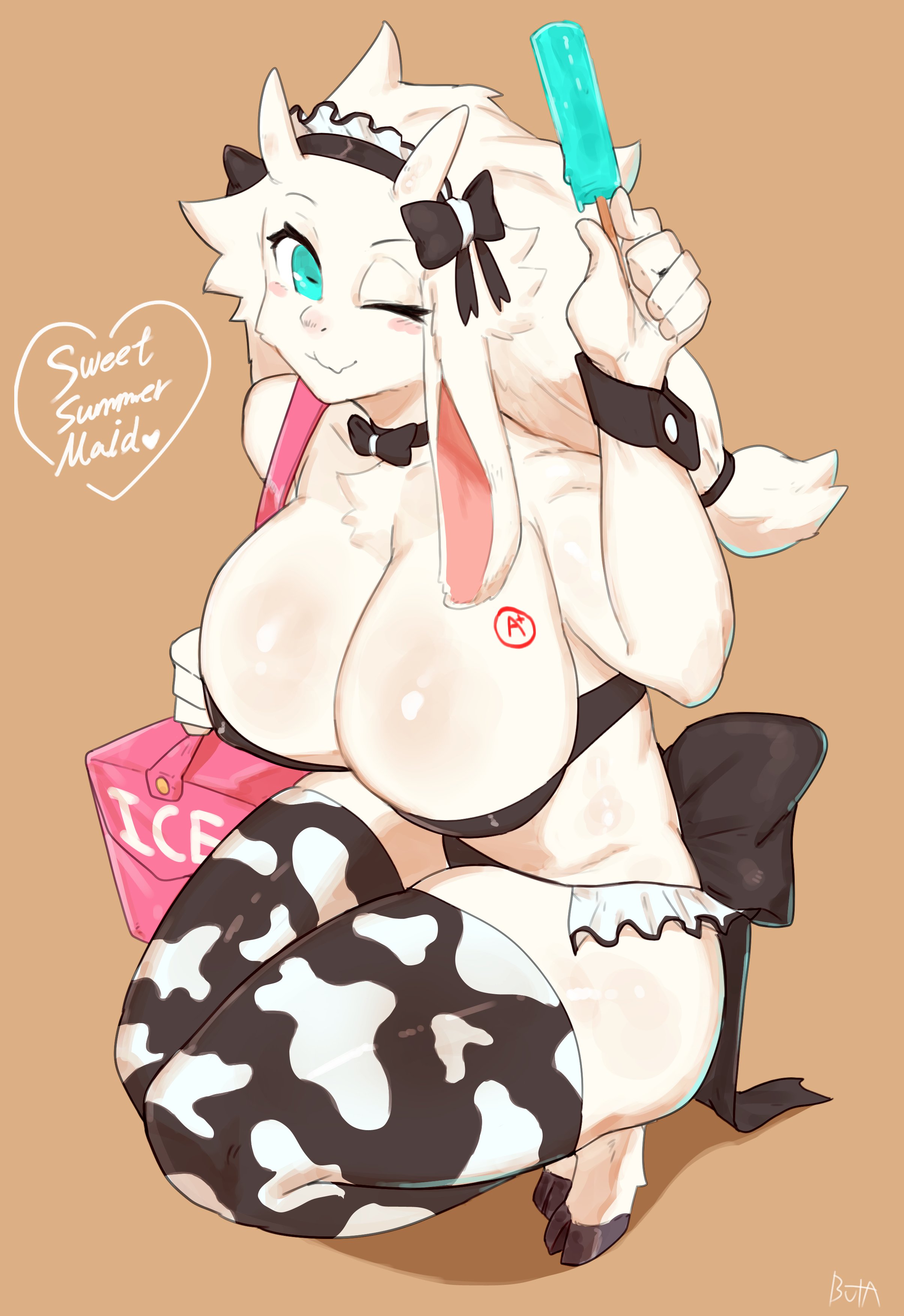 1girls, anthro, aqua eyes, big breasts, breasts, buta99, caprine, cow print, cow print thighhighs, female, female only, fur, furry, furry only, hooves, horizontal pupils, horns, ice cream, kneeling, light blush, long hair, looking at viewer, maid bikini, maid headdress, neck ribbon, popsicle, sheep, sheep ears, sheep horns, smiling at viewer, solo, solo female, thick thighs, thighhighs, tied hair, vanilla (buta99), very high resolution, white fur, white hair, wink, winking at viewer, wrist cuffs