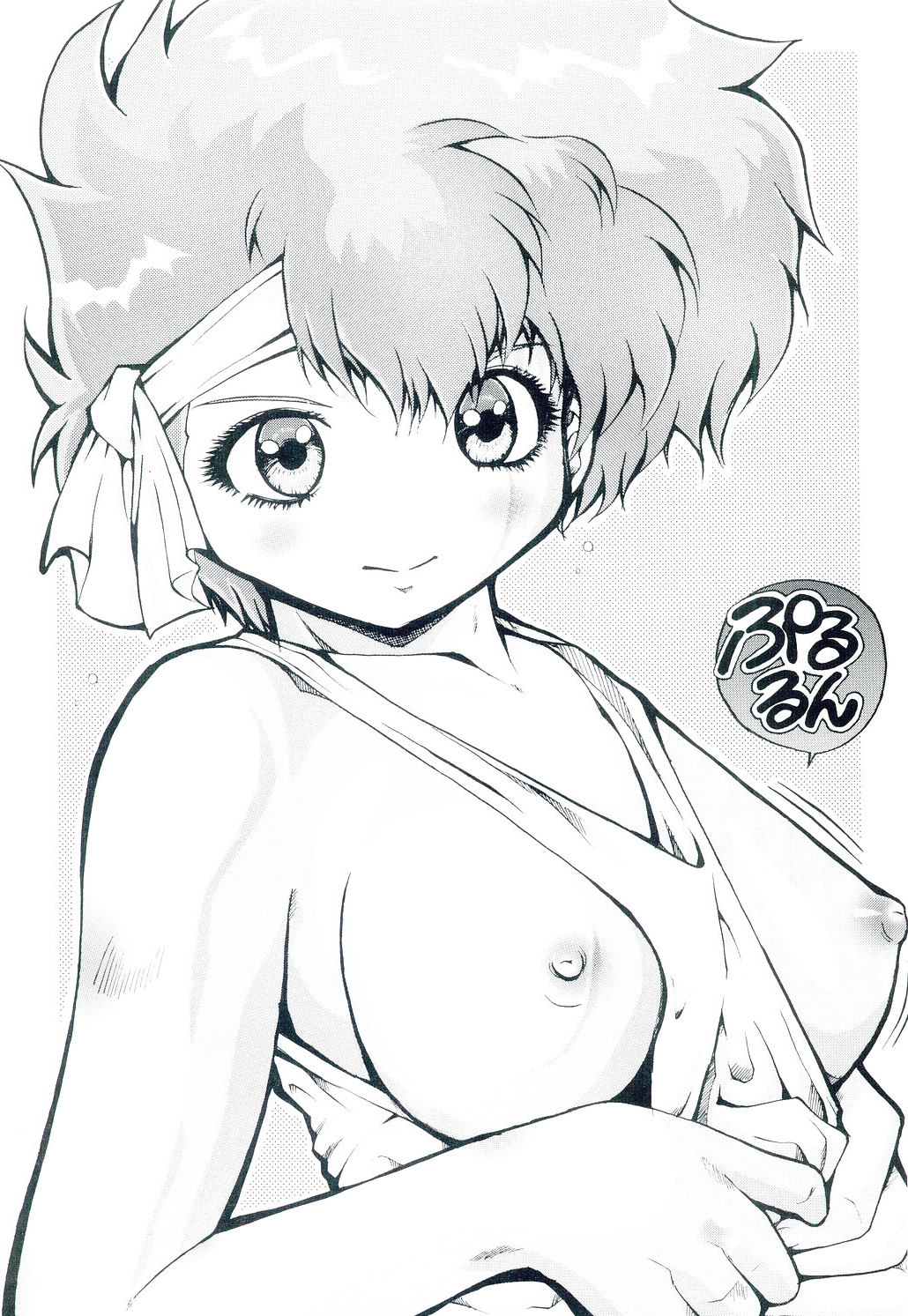 1girls 2004 breasts curvaceous dirty_pair female greyscale haku_(hakuhakukan) headband human kei_(dirty_pair) large_breasts looking_at_viewer monochrome nipples short_hair solo tomboy