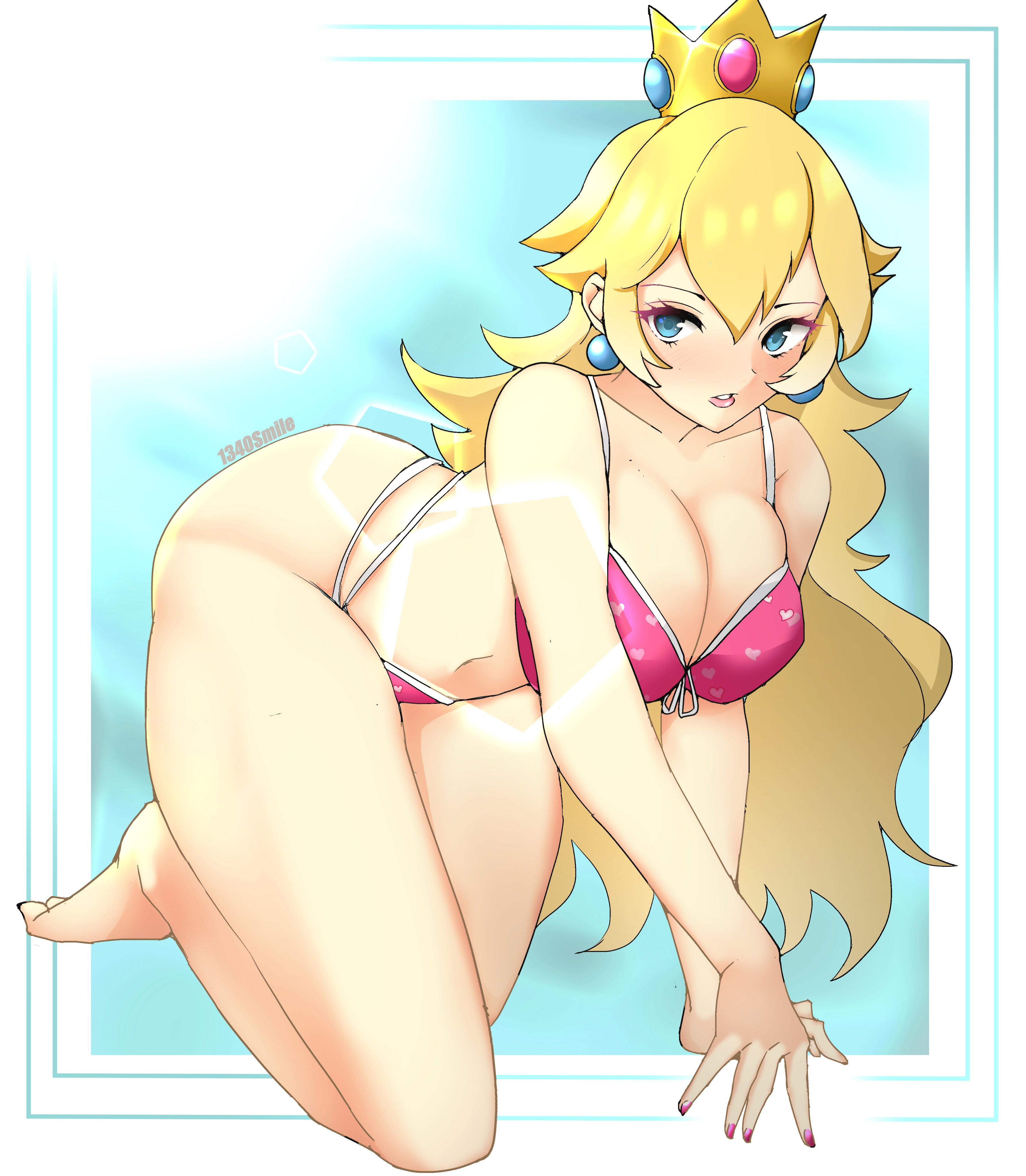 1340smile, 1girls, all fours, alternate breast size, ass, bikini, blonde hair, blue eyes, breasts, bubble ass, bubble butt, cleavage, female, female only, huge breasts, long hair, mario (series), nintendo, pink bikini, princess peach, solo, solo female, solo focus, swimsuit, thick thighs, white border