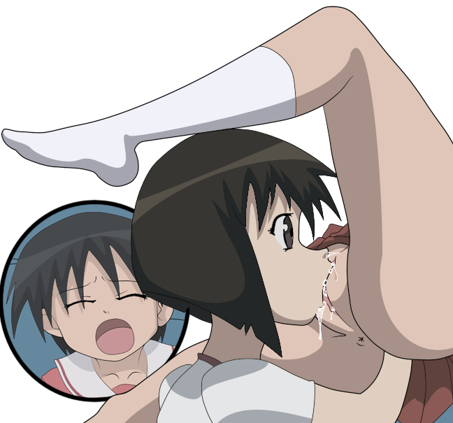 2girls anus azumanga_daiou black_hair brown_eyes brown_hair chihiro_(azumanga_daiou) closed_eyes clothed_sex clothing cum cunnilingus female female_only hair human kaorin masterman114 multiple_females multiple_girls oral school_uniform short_hair skirt socks white_background yuri