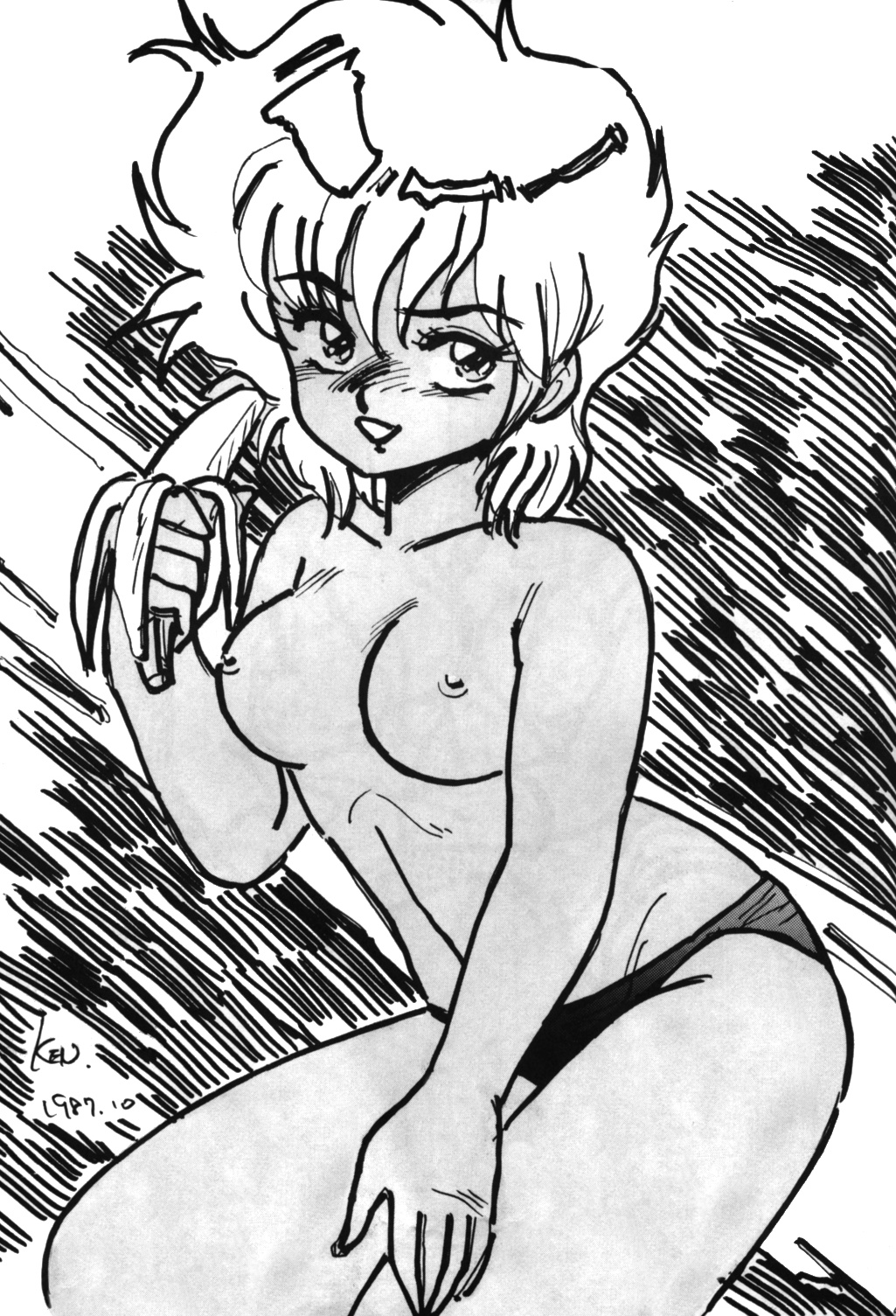 1980s 1987 1girls 20th_century breasts curvaceous dirty_pair female greyscale headband human kei_(dirty_pair) ken_yagami large_breasts monochrome nipples panties short_hair solo straight_hair tomboy topless