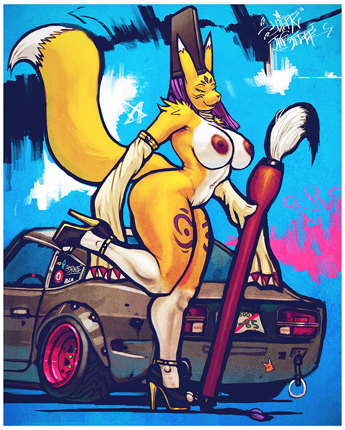 2015, abstract background, anthro, big breasts, black sclera, blue eyes, breasts, canine, car, digimon, fangs, female, fox, hat, high heels, looking at viewer, mammal, naked footwear, naked heels, navel, nipples, nude, open mouth, paintbrush, renamon, sligarthetiger, smile, solo, taomon, vehicle, wide hips