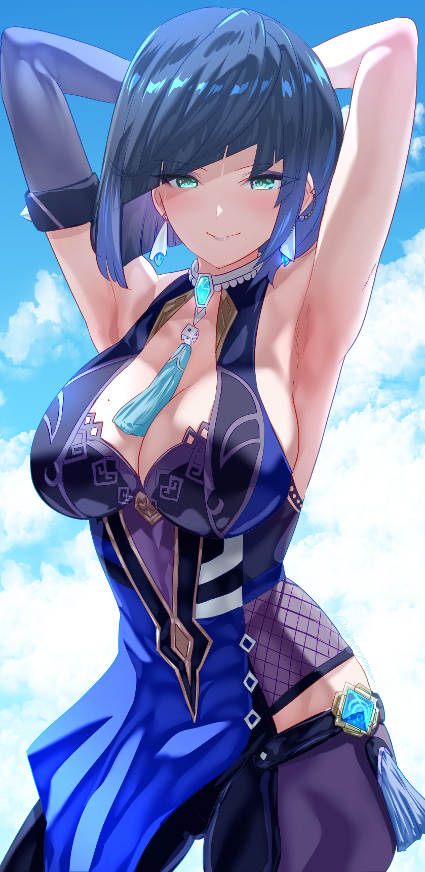 1girls, 2022, arms up, arms up pose, beauty mark, black hair, blue clothing, breasts, cleavage, clothed, clothed female, female, female only, genshin impact, green eyes, hair over one eye, hips, huge breasts, looking at viewer, mole on breast, short hair, simple background, slim waist, thick thighs, thighs, uenoryoma, wide hips, yelan (genshin impact)