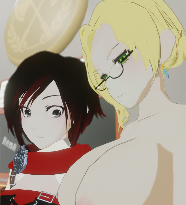 2girls 3d big_breasts black_hair blonde_hair cape foxyrenart glasses glynda_goodwitch green_eyes large_breasts milf multiple_girls nipples rooster_teeth ruby_rose rwby silver_eyes teacher teacher_and_student