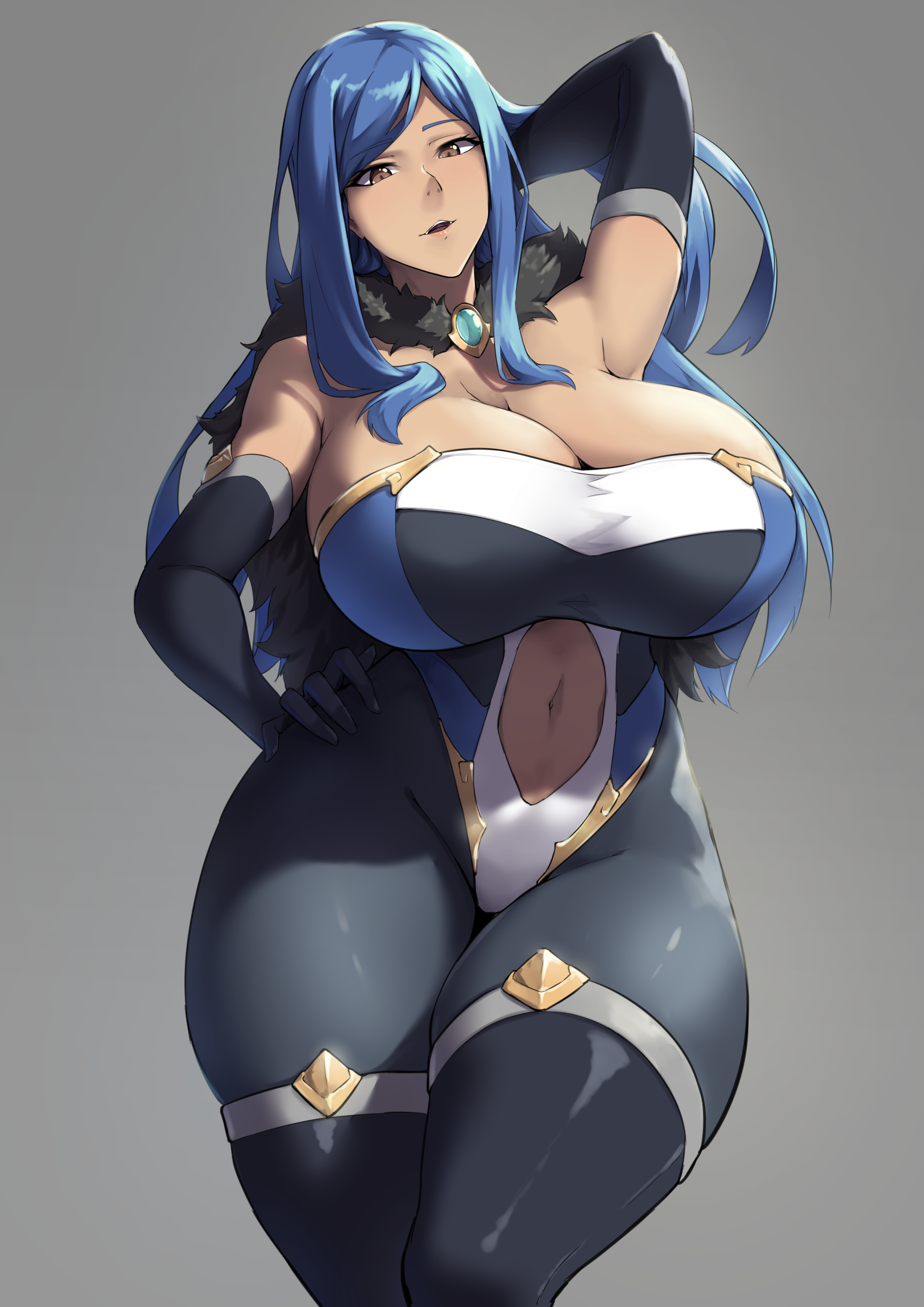 1girls, armpits, bare shoulders, bellona (insanityenforcer234), belly, belly button, big breasts, blue hair, bodysuit, breasts, brown eyes, cleavage, commission, curvy, curvy female, elbow gloves, female, female only, gloves, hand behind head, hand on hip, hi res, hips, hourglass figure, huge breasts, human, human only, humanoid, large breasts, long hair, navel, original, packge, plump, simple background, solo, solo female, thick, thick thighs, thighs, wide hips