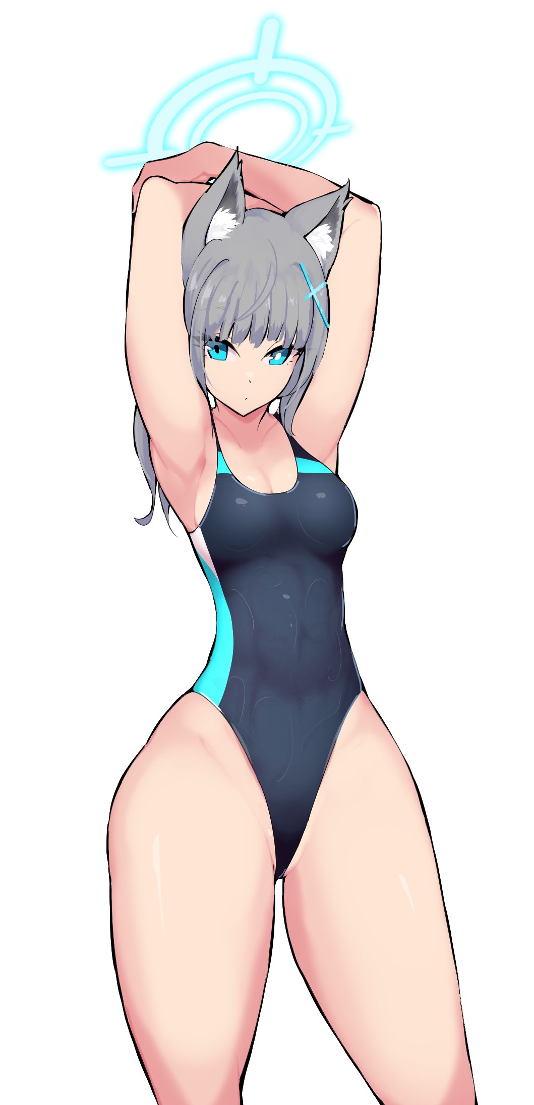 1girls, 2022, abydos high school student, animal ears, armpits, arms behind head, arms up, blue archive, breasts, competition swimsuit, female, female only, foreclosure task force (blue archive), halo, hips, medium breasts, medium hair, nac000, one-piece swimsuit, shiroko (blue archive), shiroko (swimsuit) (blue archive), simple background, slim waist, swimsuit, thick thighs, thighs, wide hips