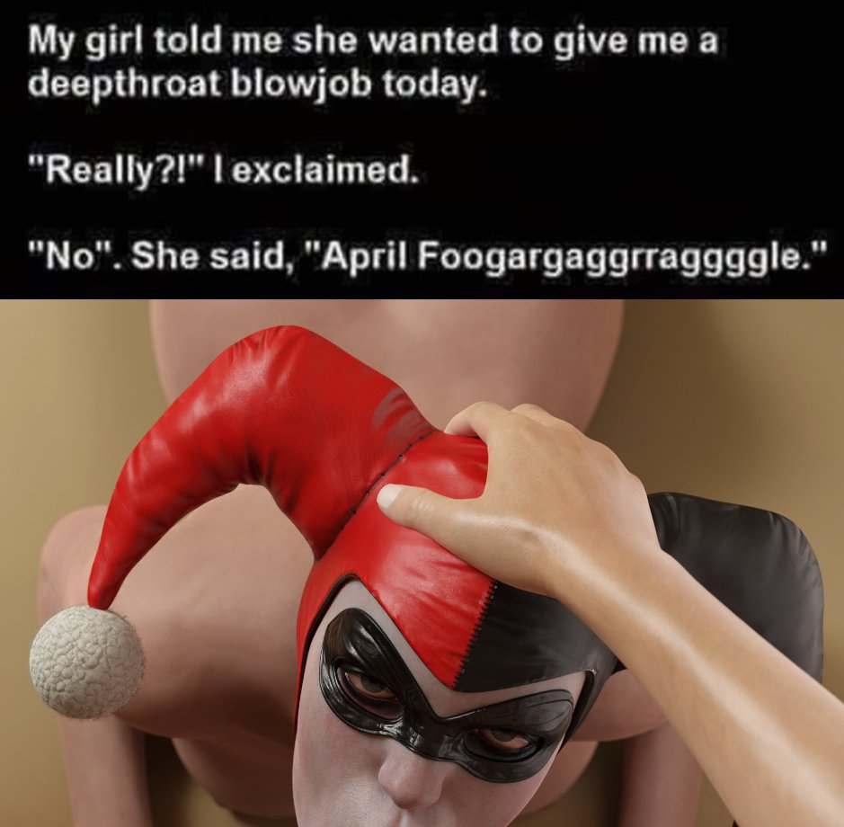 1boy, 1girls, 3d, april fools, arms, batman (series), blender (software), blowjob, breasts, caption, completely naked, completely nude, dc, dc comics, deepthroat, dialogue, domino mask, duo, english text, eye contact, eyes, facepaint, fellatio, female, female focus, femsub, from above, gagged speech, gagging, hand, hand on head, harley quinn, harley quinn (classic), harley quinn (injustice), head grab, headgear, headgear only, holding, human, implied oral, injustice 2, jester cap, light skin, light-skinned female, light-skinned male, looking up, looking up at partner, looking up at viewer, lying, makeup, male, male pov, maledom, mask, medium breasts, meme, mostly nude, naked, naked female, naked male, nude, nude female, nude male, offscreen sex, on stomach, open eyes, oral, pale skin, pale-skinned female, partially clothed, penis, pov, pov eye contact, rape, shiny skin, smitty34, straight, sucking, sucking penis, text, unseen male face