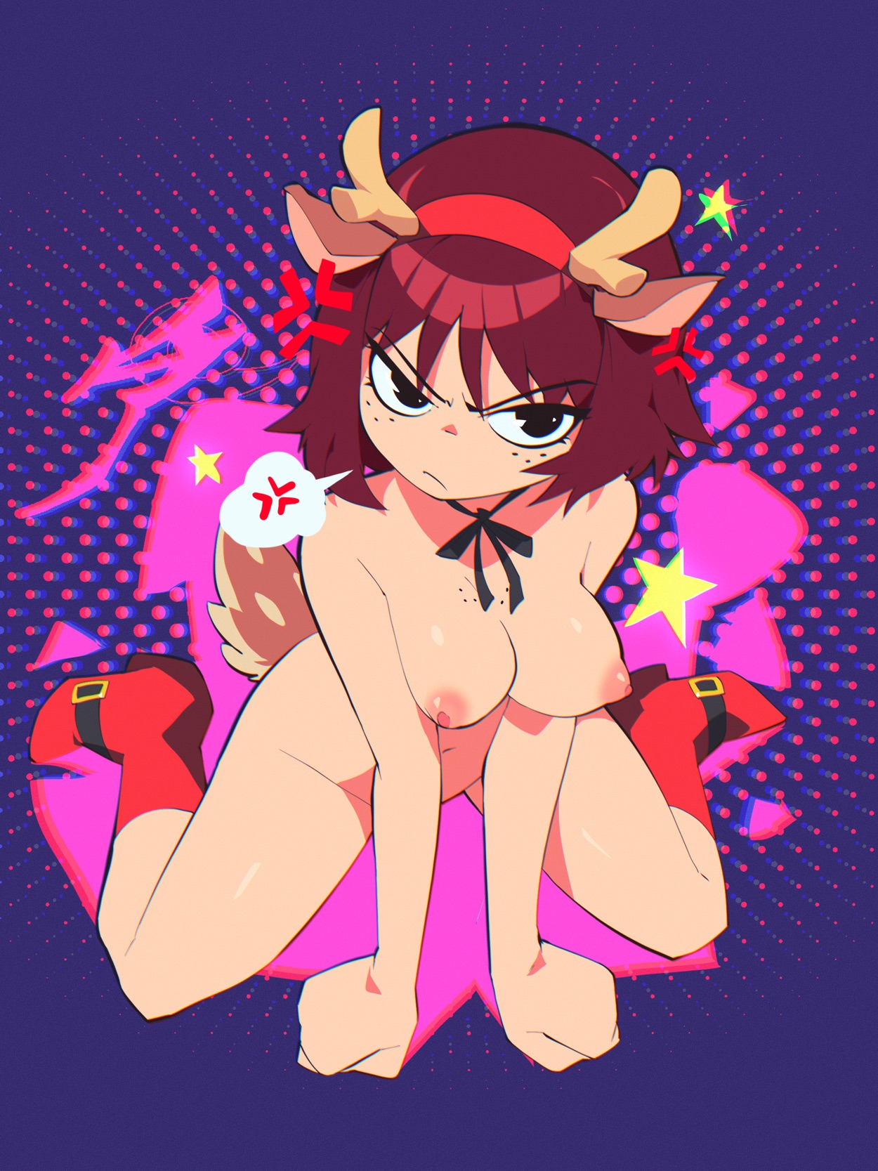 1girls, aetherion art, anger vein, angry, black eyes, boots, breasts, female, freckles, hairband, kim pine, naked, naked footwear, nipples, red hair, red-haired female, reindeer antlers, scott pilgrim, short hair, sitting, tail