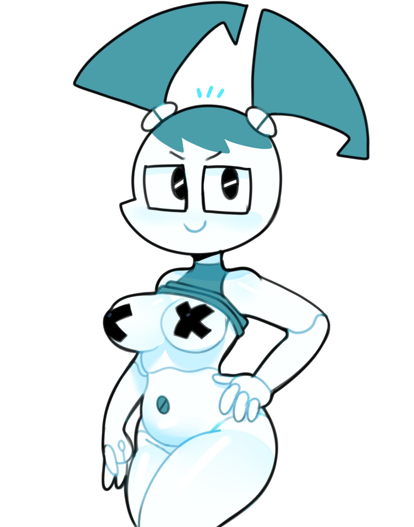 1girls, bottomless, breasts, breasts out, clothing, crop top, female, female only, hand on hip, jenny wakeman, looking at viewer, medium breasts, my life as a teenage robot, pasties, robot, robot girl, shirt, shirt up, smile, smooth skin, somescrub, thick thighs, xj-9