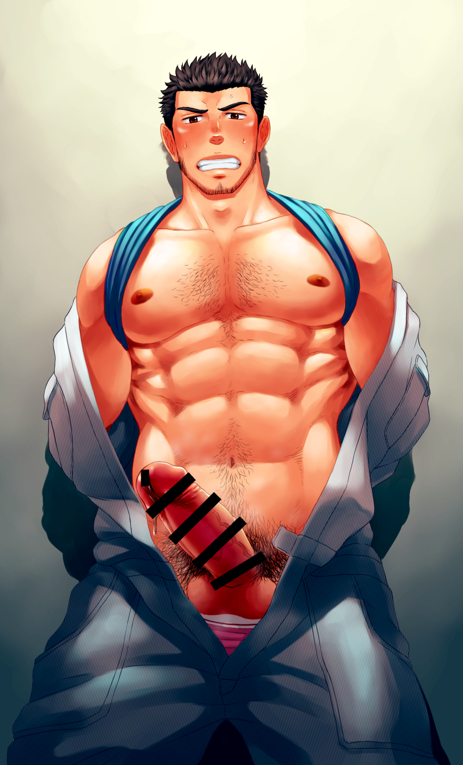 1boy abs bar_censor bara bare_pectorals bare_shoulders blue_shirt blush censored chest_hair clenched_teeth clothes_lift ear_blush erection facial_hair feet_out_of_frame goatee hairy highres large_pectorals long_sideburns looking_at_viewer male male_focus male_only male_pubic_hair male_underwear male_underwear_peek male_underwear_pull mature_male muscular muscular_male navel navel_hair nipples obliques open_jumpsuit original pectorals penis pink_male_underwear precum precum_drip pubic_hair shirt shirt_behind_neck shirt_lift shirt_pulled_behind_neck short_hair sideburns solo stomach teeth thick_eyebrows underwear unplugged_line veins veiny_penis