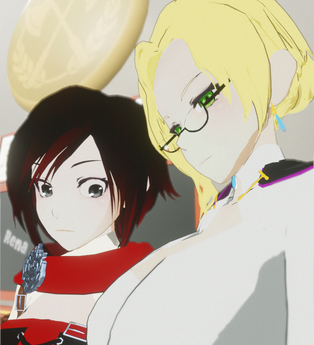 2girls 3d big_breasts black_hair blonde_hair breast_envy cape cleavage foxyrenart glasses glynda_goodwitch green_eyes large_breasts rooster_teeth ruby_rose rwby silver_eyes teacher teacher_and_student