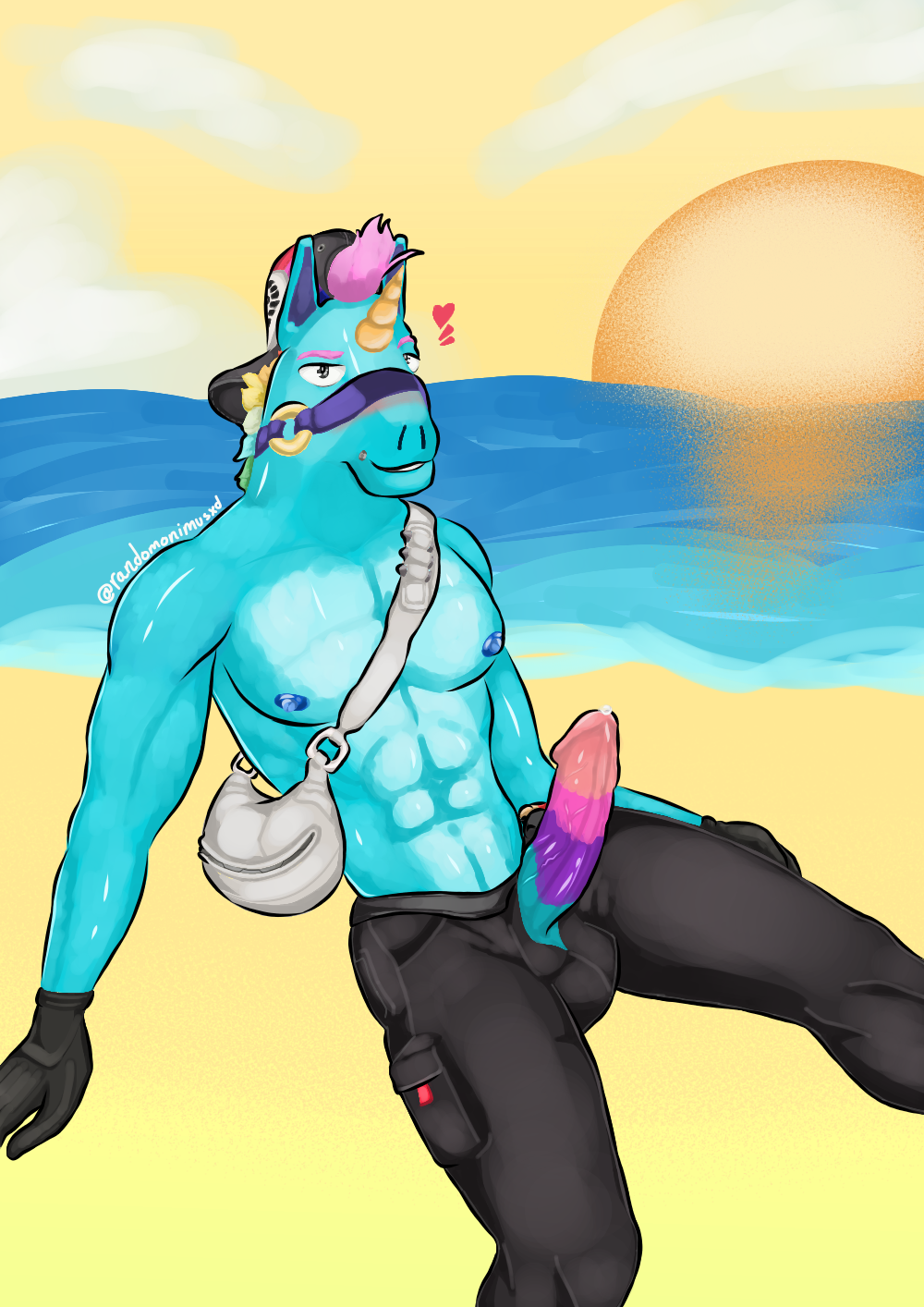 anthro backwards_baseball_cap balls_under_clothes beach big_penis blue_body blush digital_drawing_(artwork) fortnite fortnite:_battle_royale furry gay llama llambro_(fortnite) looking_at_viewer male mohawk muscular nipples pants penis_out randomonimusxd smirk sweat unicorn_horn veiny_penis