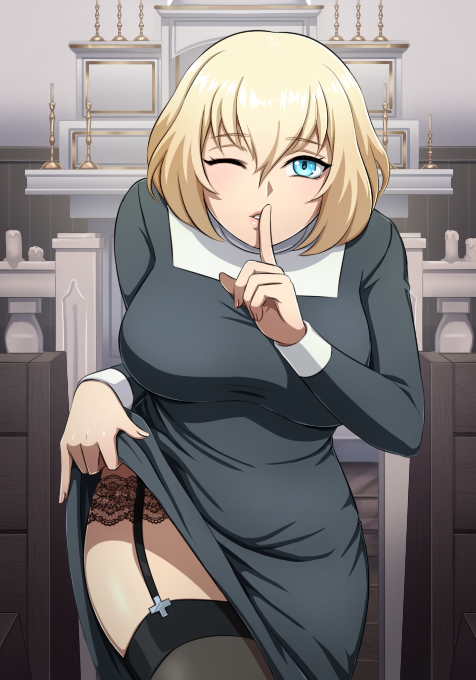 1girls 2d blonde_hair blue_eyes breasts church finger_to_mouth frostworks indoors june_(quest_failed) large_breasts legwear looking_at_viewer medium_hair nun nun_outfit one_eye_closed presenting quest_failed thighhighs