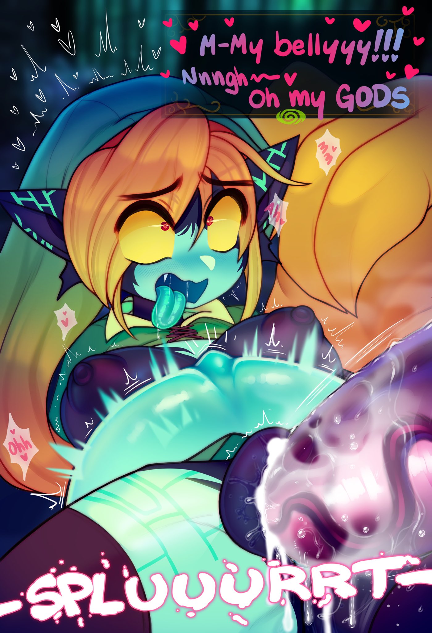 1girls, ahe gao, areolae, blush, breasts, clitoris, cum, cum in pussy, cum inflation, cum inside, cumflation, dialogue, english text, excessive cum, female, heart, heart-shaped pupils, hi res, imp midna, larger male, legs apart, link (cosplay), long hair, lying on back, male, midna, nintendo, nipples, nude, nude female, oerba yun fang, orange hair, penetration, penis, pointy ears, pussy, raikissu, red eyes, shortstack, size difference, slit pupils, smaller female, stomach inflation, text, text box, the legend of zelda, twilight princess, vaginal penetration, yellow sclera