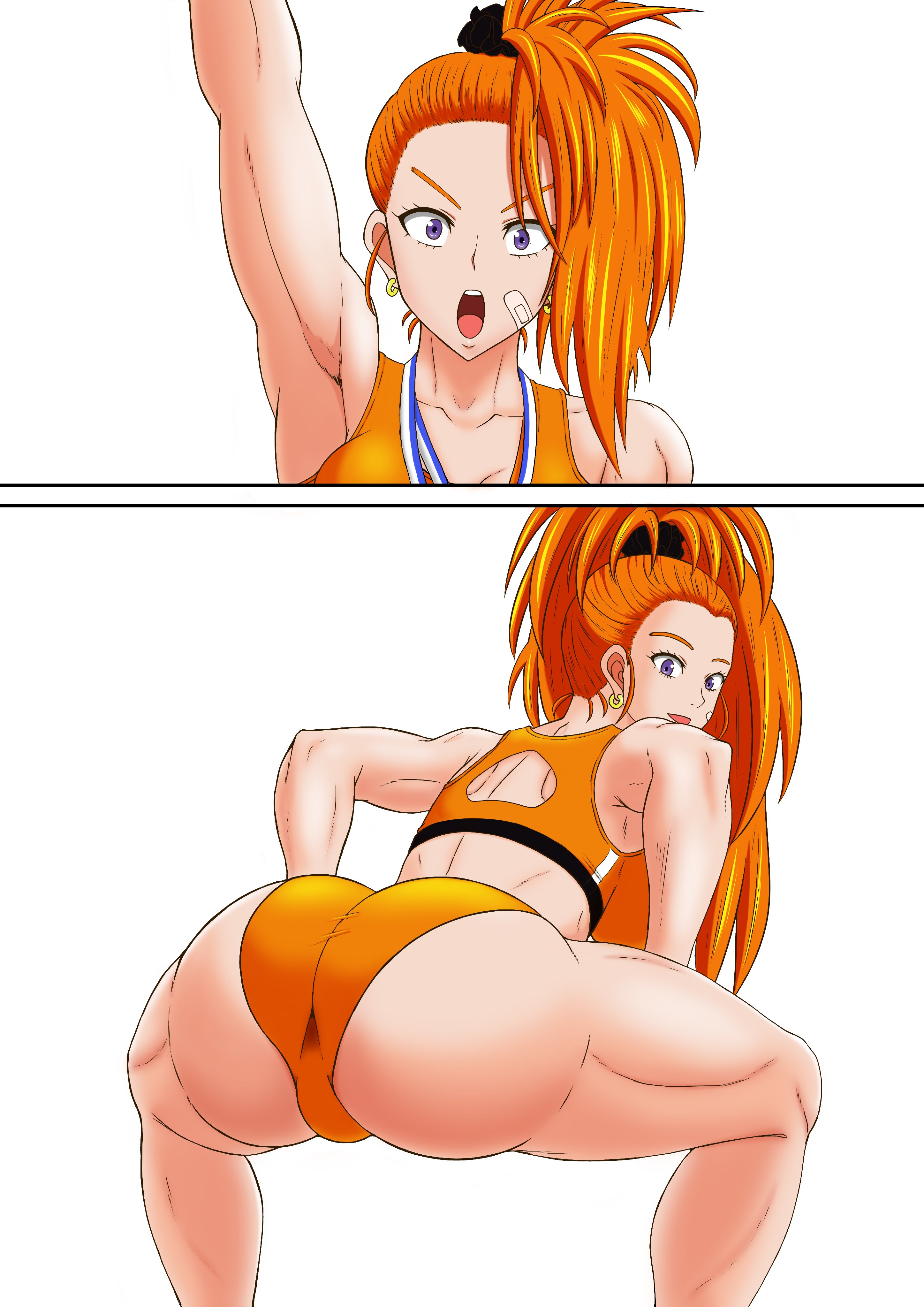 1girls, arm up, armpits, artist request, ass, ass focus, back, back view, bandage, bandage on face, bandaid, bending over, bent over, big ass, big butt, blue eyes, bubble ass, bubble butt, butt focus, captain mizuki, covered pussy, curvaceous, curvy, curvy female, curvy figure, earrings, eye contact, female, female focus, female only, fit, fit female, ginger, ginger hair, high ponytail, larger female, legs, light skin, light-skinned female, long hair, looking at viewer, medal, muscles, muscular, muscular arms, muscular female, muscular legs, muscular thighs, neckwear, one-punch man, open mouth, orange hair, plump pussy, ponytail, presenting, presenting ass, pussy, red hair, scrunchie, smile, smiling at viewer, solo, solo female, solo focus, sports bra, sportswear, taller female, thick, thick ass, thick thighs, thighs, tied hair, toned, toned body, voluptuous, white background