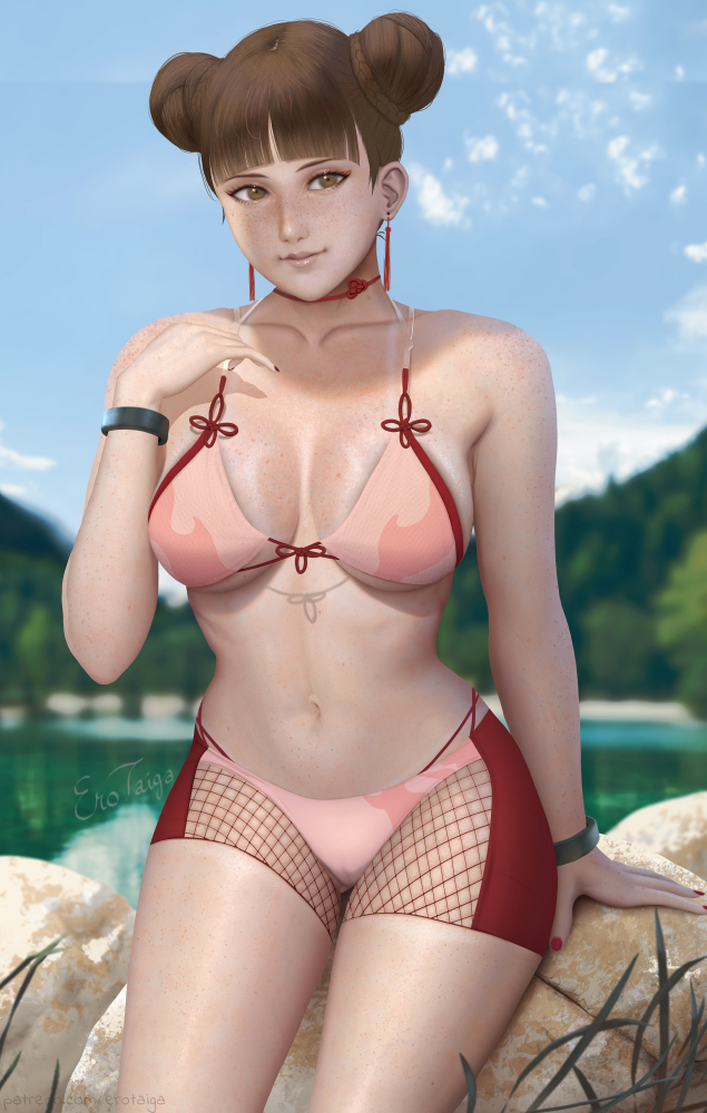 1girls adapted_costume arm_support bikini blunt_bangs boruto:_naruto_next_generations bracelet breasts brown_eyes brown_hair double_bun fishnets freckles hair_bun jewelry looking_at_viewer mature mature_female midriff naruto naruto_(series) necklace neckwear outdoors rock sitting smile solo solo_focus swimsuit tanline teemu_taiga tenten tied_hair