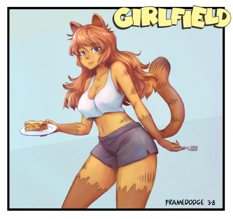 blue_background cat_ears cat_tail catgirl cleavage comic_strip exposed_shoulders eyebrows_visible_through_hair fork framedodge furry garfield_(series) garfield_the_cat grey_eyes humanoid large_breasts lasagna long_fingernails long_hair orange_fur orange_hair plate rule_63 shorts tank_top