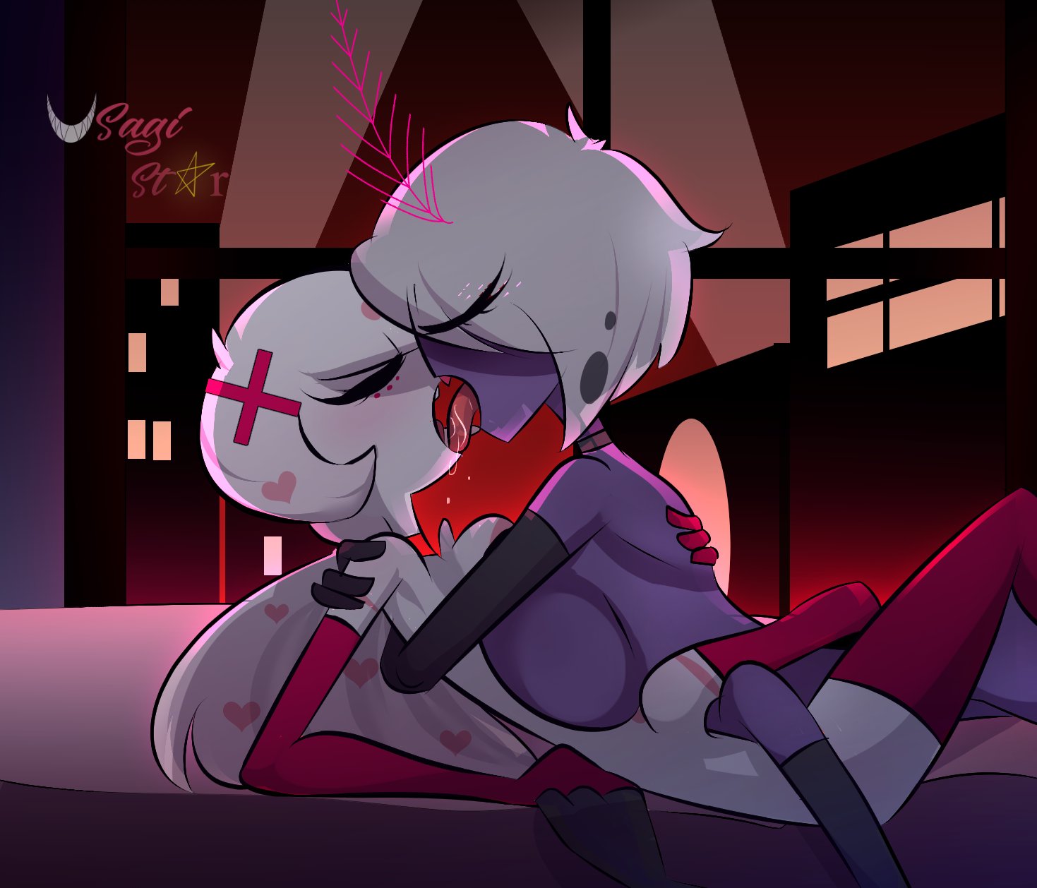 2girls, 4 arms, angel dust (hazbin hotel), anthro, anthro on anthro, armpits, arms around waist, armwear, big breasts, breast press, breast squeeze, breast squish, breasts, closed eyes, couple, demon, eyelashes, eyelashes visible through hair, female, female angel dust, female only, female valentino, french kiss, french kissing, genderswap, genderswap (mtf), gloves, hair over one eye, hazbin hotel, heart, hi res, kissing, legwear, long hair, mistress and slave, moth, multi arm, multi limb, multiple females, multiple girls, no bra, no panties, nude, nude female, partially clothed, passionate, pinned down, purple skin, romantic, rule 63, saliva, short hair, side view, sideboob, size difference, smooth skin, spider, spots, tongue, tongue kiss, tongue out, usagi star, valentino (hazbin hotel), vivienne medrano, white fur, white hair, yuri