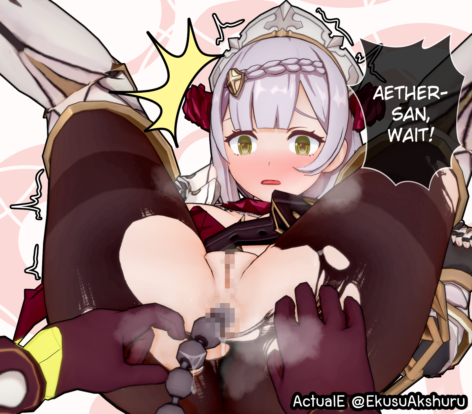 3d, 3d (artwork), actuale, aether (genshin impact), anal sex, breasts, dialogue, english text, female, genshin impact, gloves, koikatsu, mihoyo, noelle (genshin impact), pussy, sex, sex toy, short hair, surprised expression