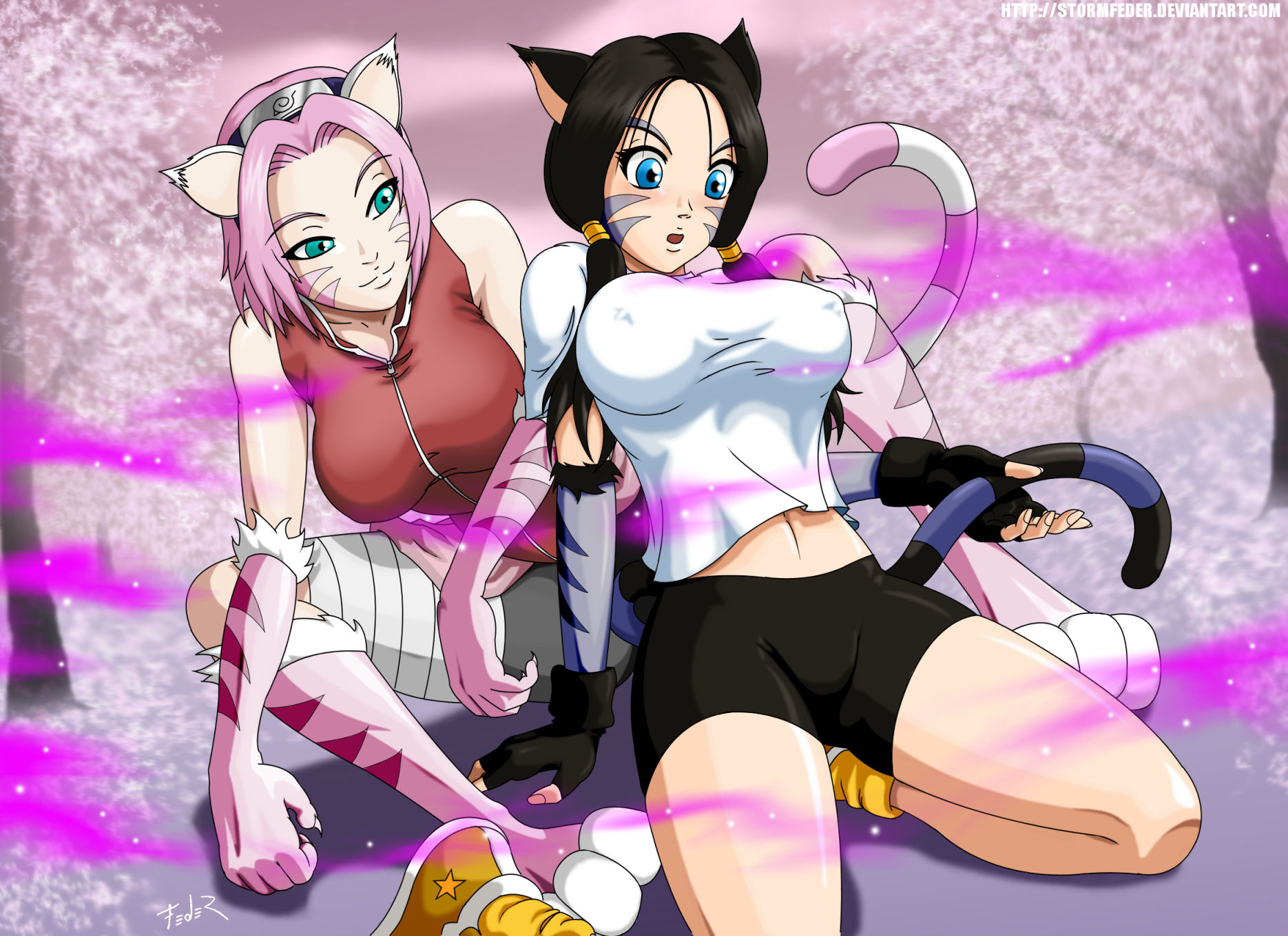2010s, 2013, 2girls, anime, black bottomwear, black hair, blue eyes, breasts, cat ears, cat girl, cat tail, catgirl, claws, clothed, compression shorts, covered breasts, crossover, dragon ball, dragon ball z, feline, female, female only, fully clothed, green eyes, headband, manga, medium hair, mist, moderate tomboy, naruto, naruto (series), naruto shippuden, pink hair, sakura haruno, short hair, shorts, shounen jump, sitting on knees, stormfeder, strong tomboy (spectrum), tail play, tomboy, tomboys, transformation, twintails, videl, yuri