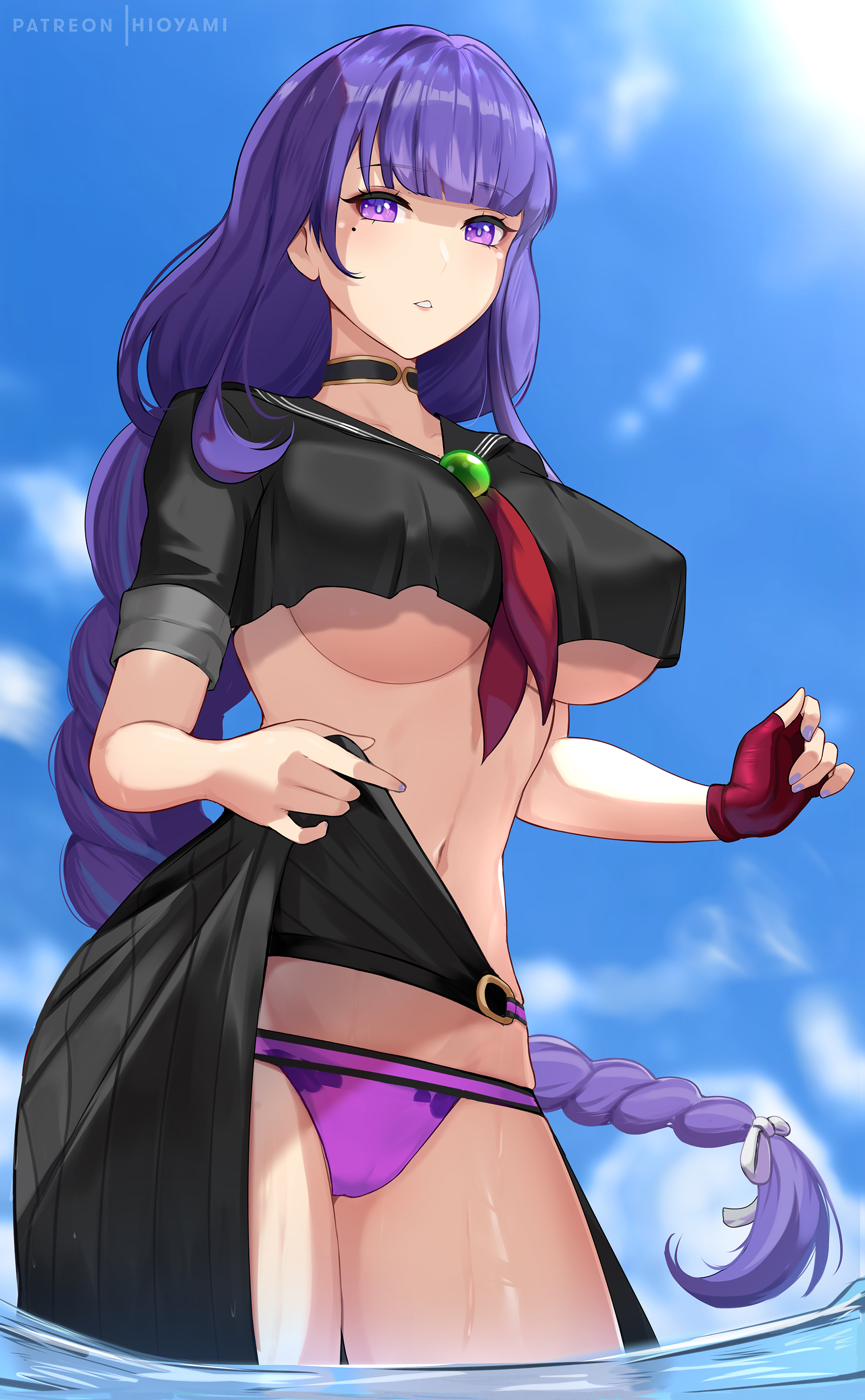 1girls, 2022, beach, beauty mark, bikini bottom, breasts, cosplay, fate (series), fate/grand order, female, female only, genshin impact, glove, hi res, hioyami, hips, huge breasts, long hair, minamoto no raikou (swimsuit lancer) (fate) (cosplay), mole under eye, one glove, outdoors, outfit swap, purple eyes, purple hair, raiden shogun, sailor uniform, slim waist, thick thighs, thighs, underboob, water, wide hips