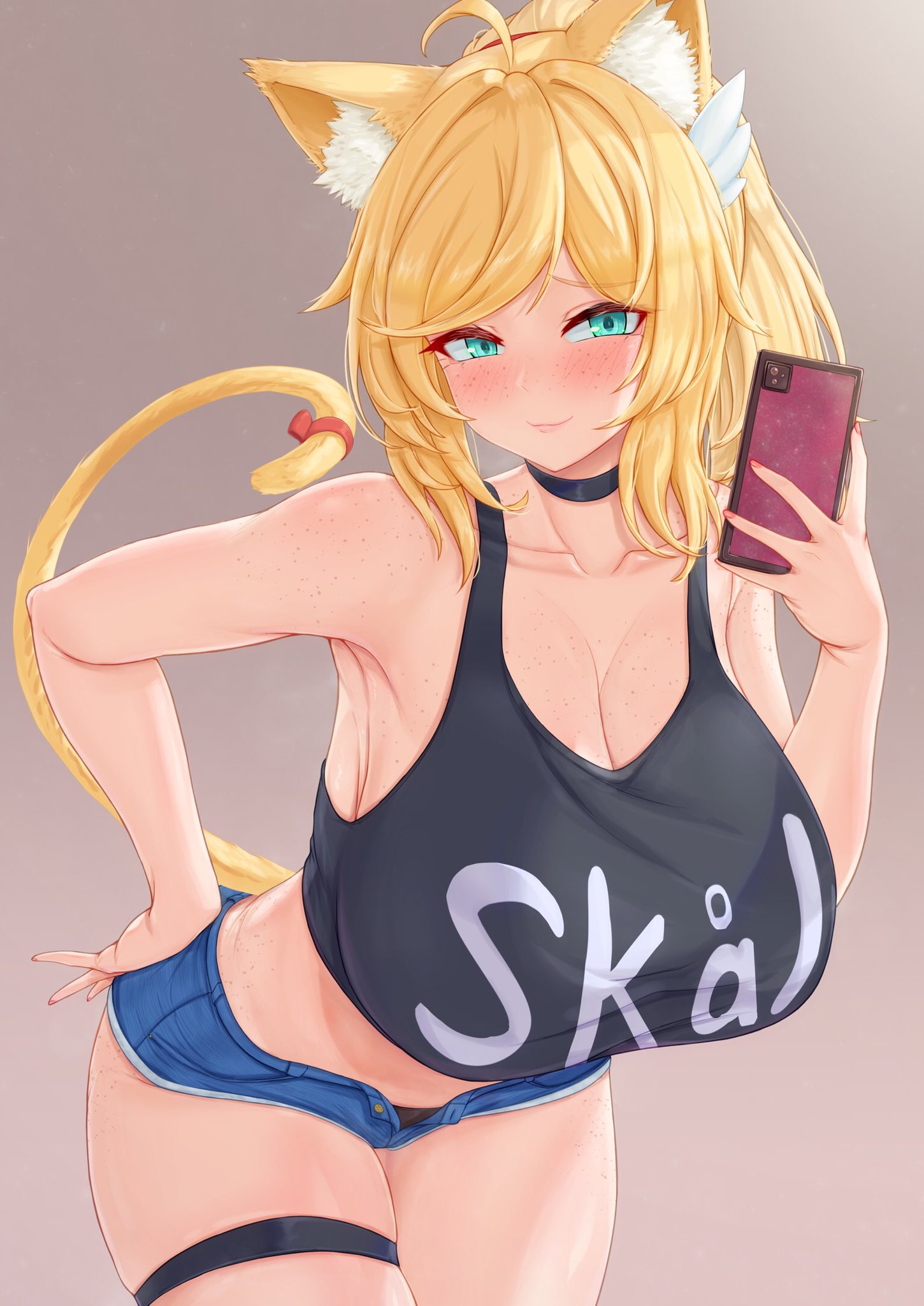 big breasts, blonde hair, blue eyes, breasts, cat ears, cat girl, cat tail, catgirl, creamcod, female, huge breasts, jefflink, large breasts, light skin, light-skinned female, pale skin, pale-skinned female, short shorts, tagme, thor chan, virtual youtuber, vrchat