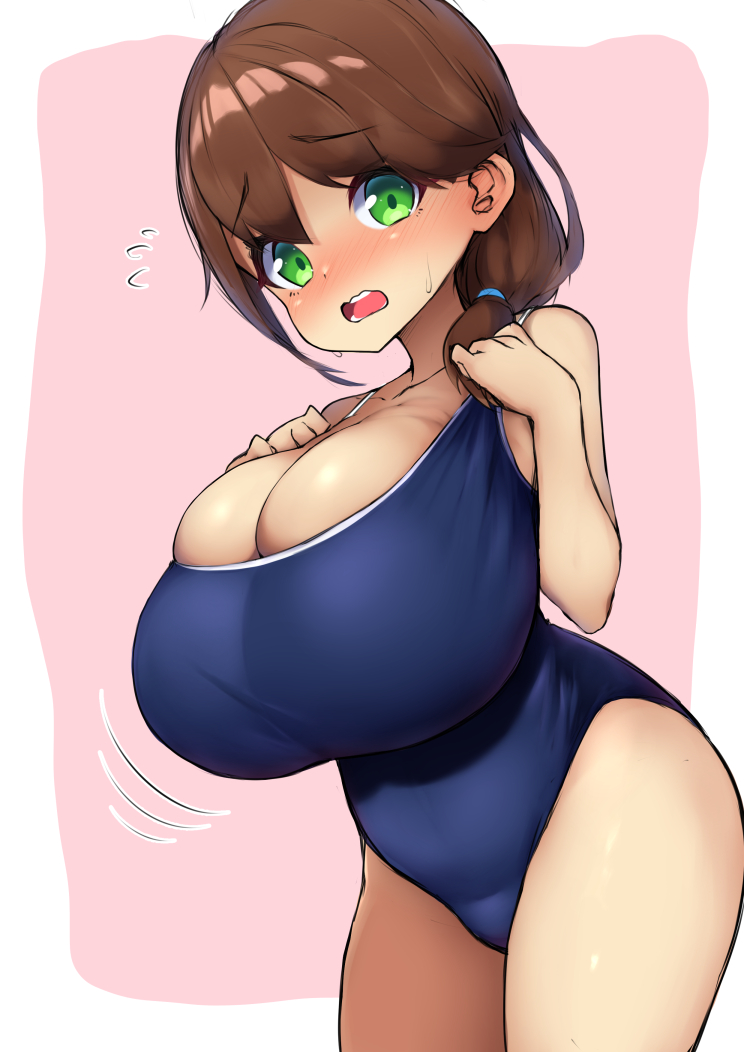 1girls, 2022, blue swimsuit, blush, bouncing breasts, breasts, brown hair, bursting breasts, cleavage, embarrassed, eyebrows visible through hair, female, female only, flying sweatdrops, green eyes, highres, huge breasts, long hair, looking at viewer, low-tied long hair, one-piece swimsuit, open mouth, original, pink background, school swimsuit, shortstack, simple background, slightly chubby, solo, standing, sweat, sweatdrop, swimsuit, teeth, thick thighs, thighs, tied hair, tight clothing, tongue, undersized clothes, watari1118, wavy mouth, white border, wide hips