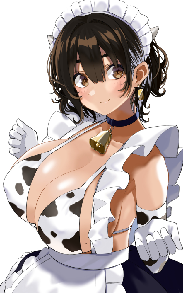 animal_print apron artist_request bell bikini blue_choker blush breasts brown_eyes brown_hair choker cleavage covered_erect_nipples cow_print elbow_gloves female frilled_apron frills gloves hair_between_eyes large_breasts looking_at_viewer maid maid_apron maid_headdress maid_outfit maid_uniform mole mole_on_breast mole_under_eye neck_bell original print_bikini print_gloves short_hair simple_background smile smiling_at_viewer solo swimsuit waist_apron white_apron white_background white_gloves