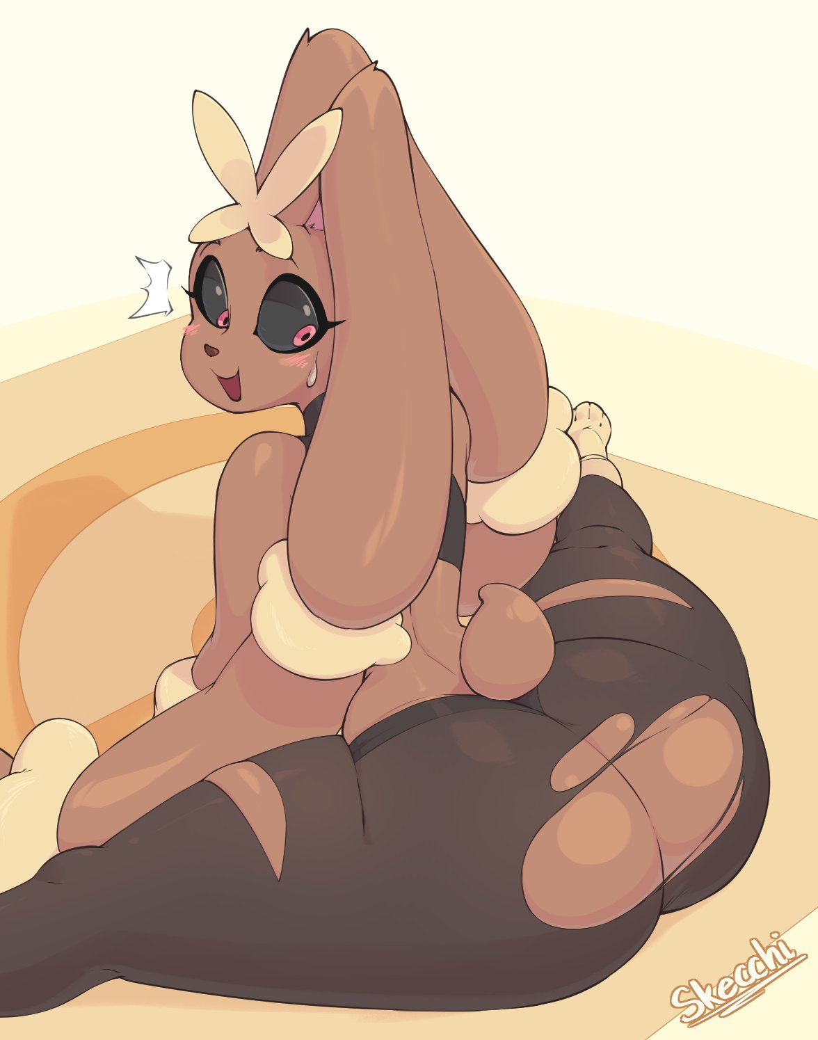 1girls, anthro, anthrofied, ass, back view, big ass, big butt, black sclera, blush, bubble ass, bubble butt, clothing, female, female only, fur, furry, furry only, hi res, huge ass, looking back, lopunny, mega evolution, mega lopunny, nintendo, pink eyes, pokémon (species), pokemon, pokemon (species), shocked, shocked expression, sitting, skecchiart, solo, solo female, tail, thick thighs, torn pants, wardrobe malfunction