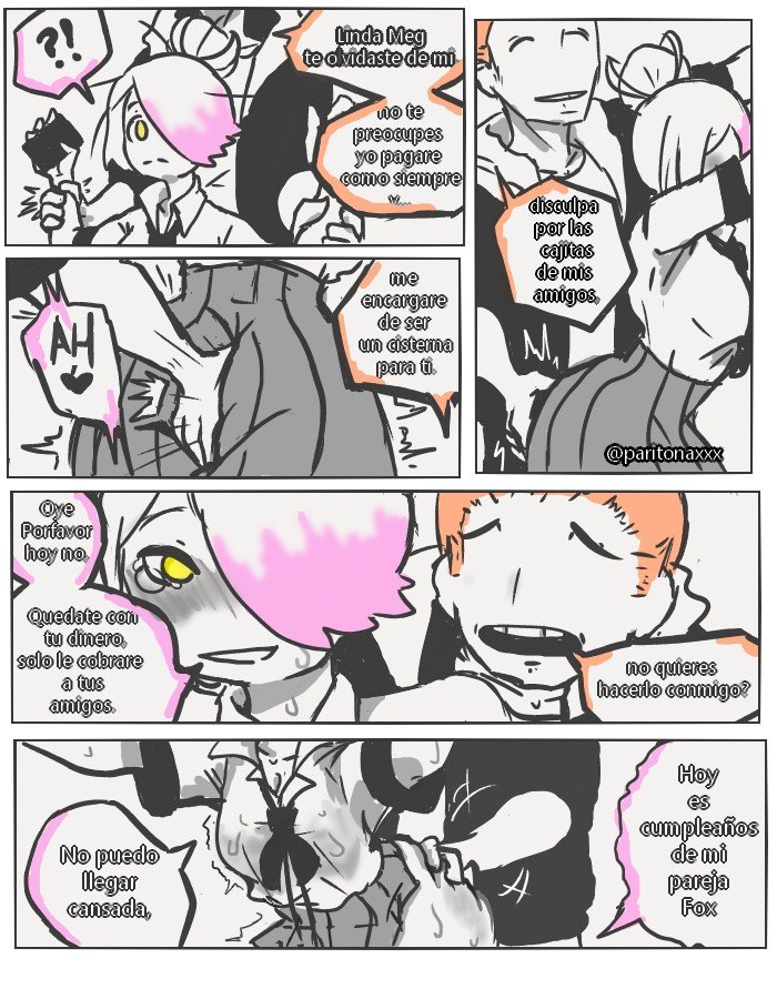 1boy 1girls ?! blush comic comic_page fnafhs fnafhs_z3ro grabbing grabbing_ass light-skinned_female light-skinned_male light_skin meg_(fnafhs) orange_hair paritonaxxx partially_colored spanish_text text touching_self two_tone_hair yellow_eyes