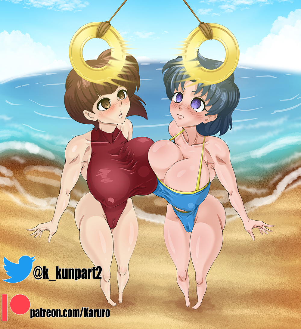 2girls, ami mizuno, beach, bishoujo senshi sailor moon, blush, breasts, cleavage, crossover, empty eyes, female, female only, harem, hypnosis, karuro-kun, large breasts, mind control, multiple females, multiple girls, nabiki tendo, one-piece swimsuit, pendulum, ranma 1/2, swimsuit