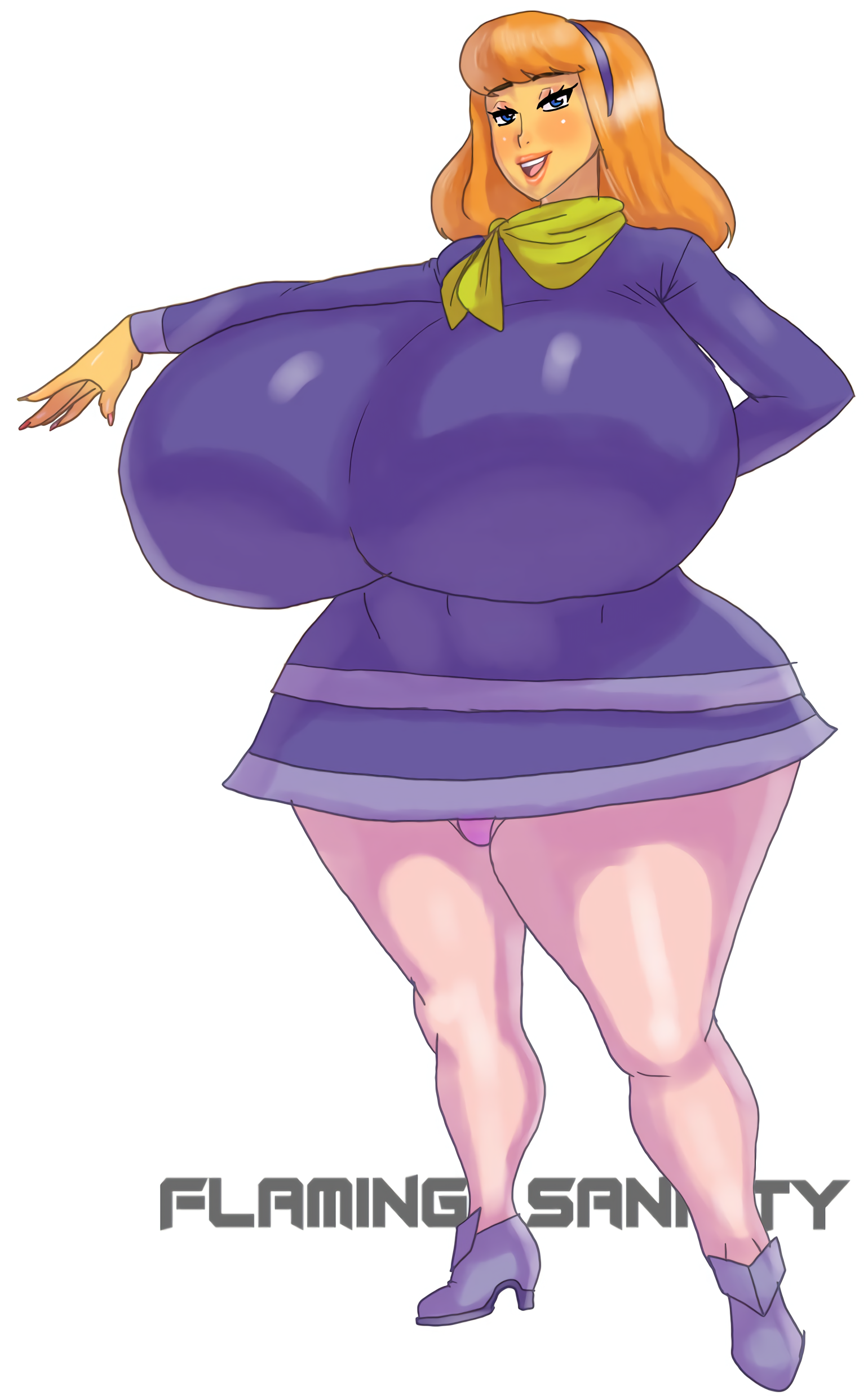 1girls, 2022, ass, ass bigger than head, big ass, breasts, breasts bigger than head, clothed, daphne blake, enormous breasts, female, female only, flamingsanity, gigantic breasts, hanna-barbera, huge ass, huge breasts, hyper, hyper breasts, long hair, massive breasts, orange hair, pink legwear, purple clothing, purple dress, purple footwear, purple headwear, red hair, redhead, scooby-doo, sideass, tagme, thick thighs, underass, wide hips