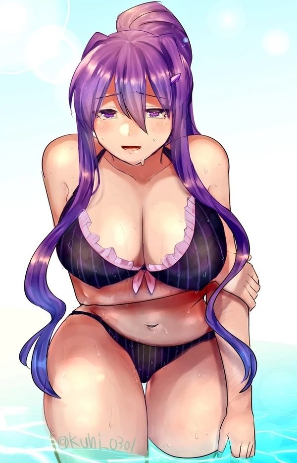 bikini, doki doki literature club, female, long hair, purple hair, yuri (doki doki literature club)