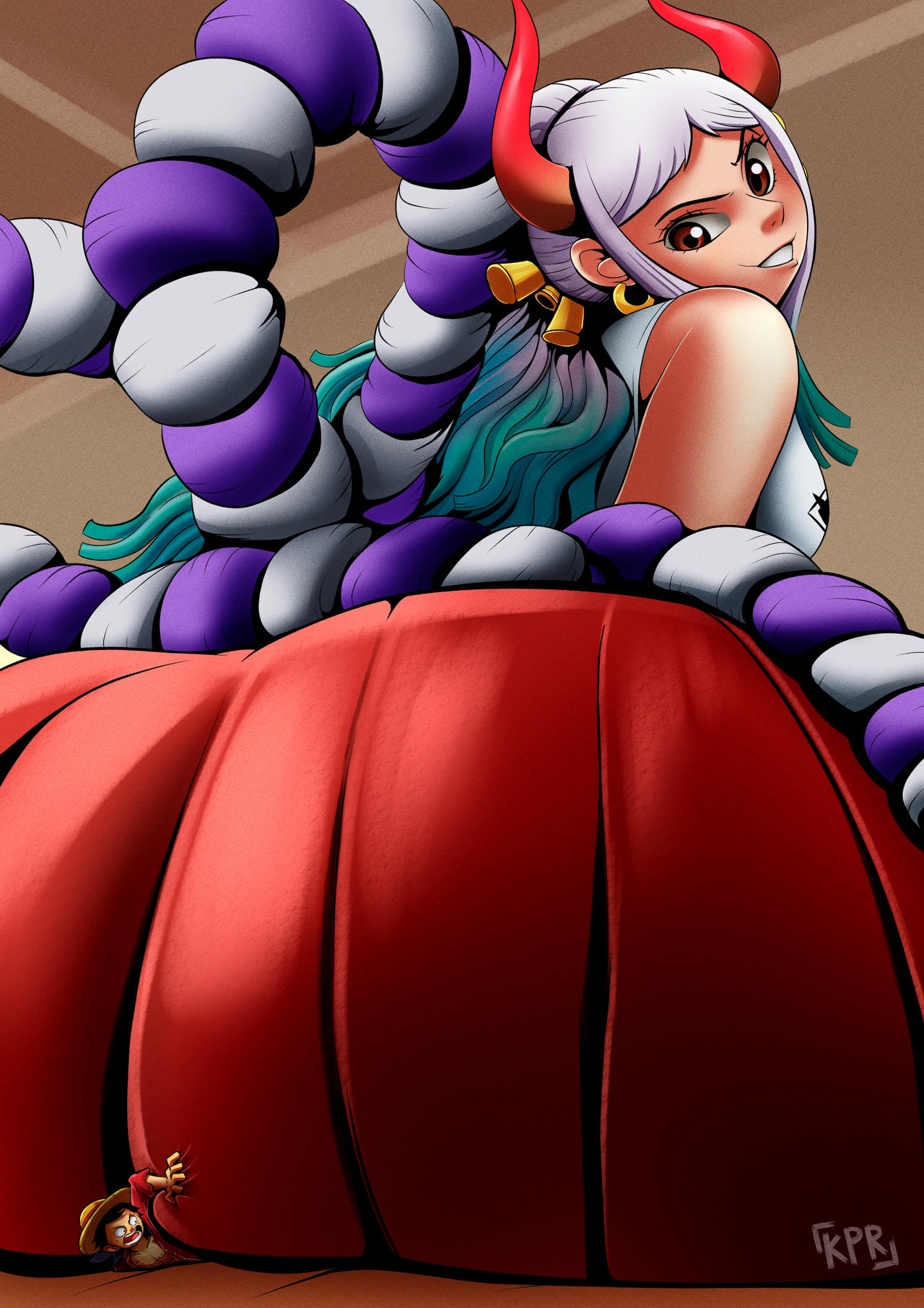 anus ass_focus big_ass big_butt bottom_heavy bubble_ass bubble_butt butt_crush buttcrush clothed clothed_female color curvaceous curvy entrapment female female_focus giant_ass giantess hakama hand_on_ass horns huge_ass humiliation kentaryu kisparlius large_ass larger_female long_hair looking_back macro/micro male massive_ass monkey_d_luffy multicolored_hair nude_female one_piece plump plump_ass ponytail shounen_jump shrinking sideboob size_difference smaller_female smaller_male smirking text thick_ass thick_thighs ulti_(one_piece) voluptuous yamato_(one_piece)