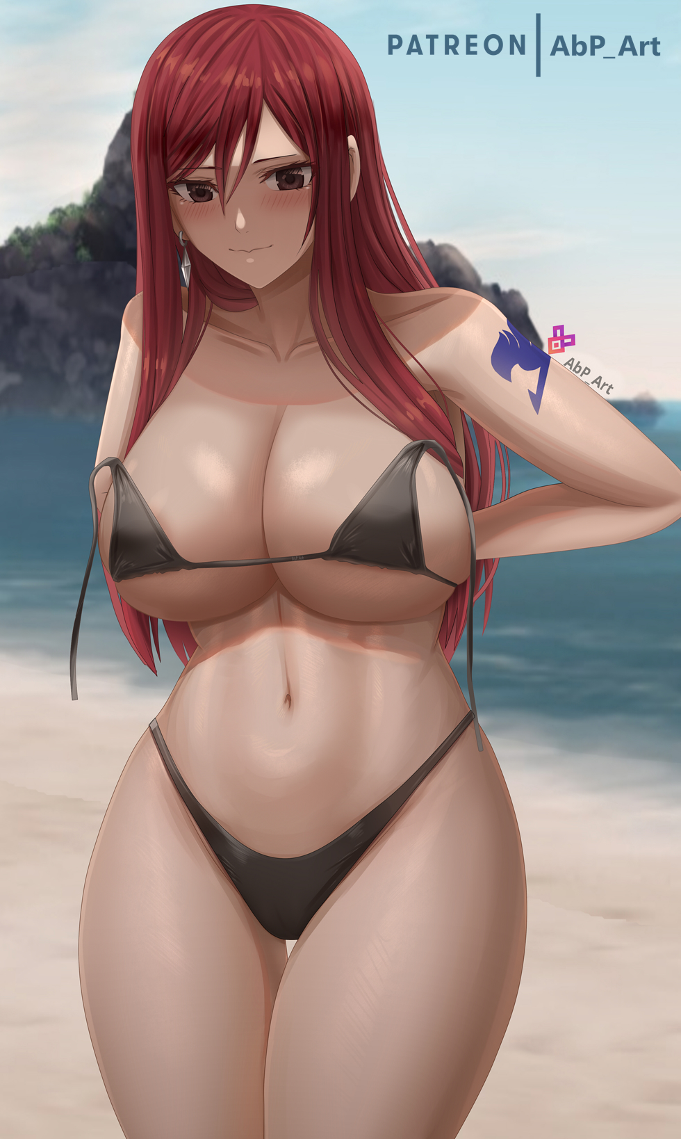 1girls 2022 abp_art beach bikini black_bikini blush breasts curvy embarrassed erza_scarlet fairy_tail female female_only hips huge_breasts long_hair outdoors patreon_username red_eyes red_hair shoulder_tattoo slim_waist tattoo thick_thighs thighs wardrobe_malfunction wide_hips