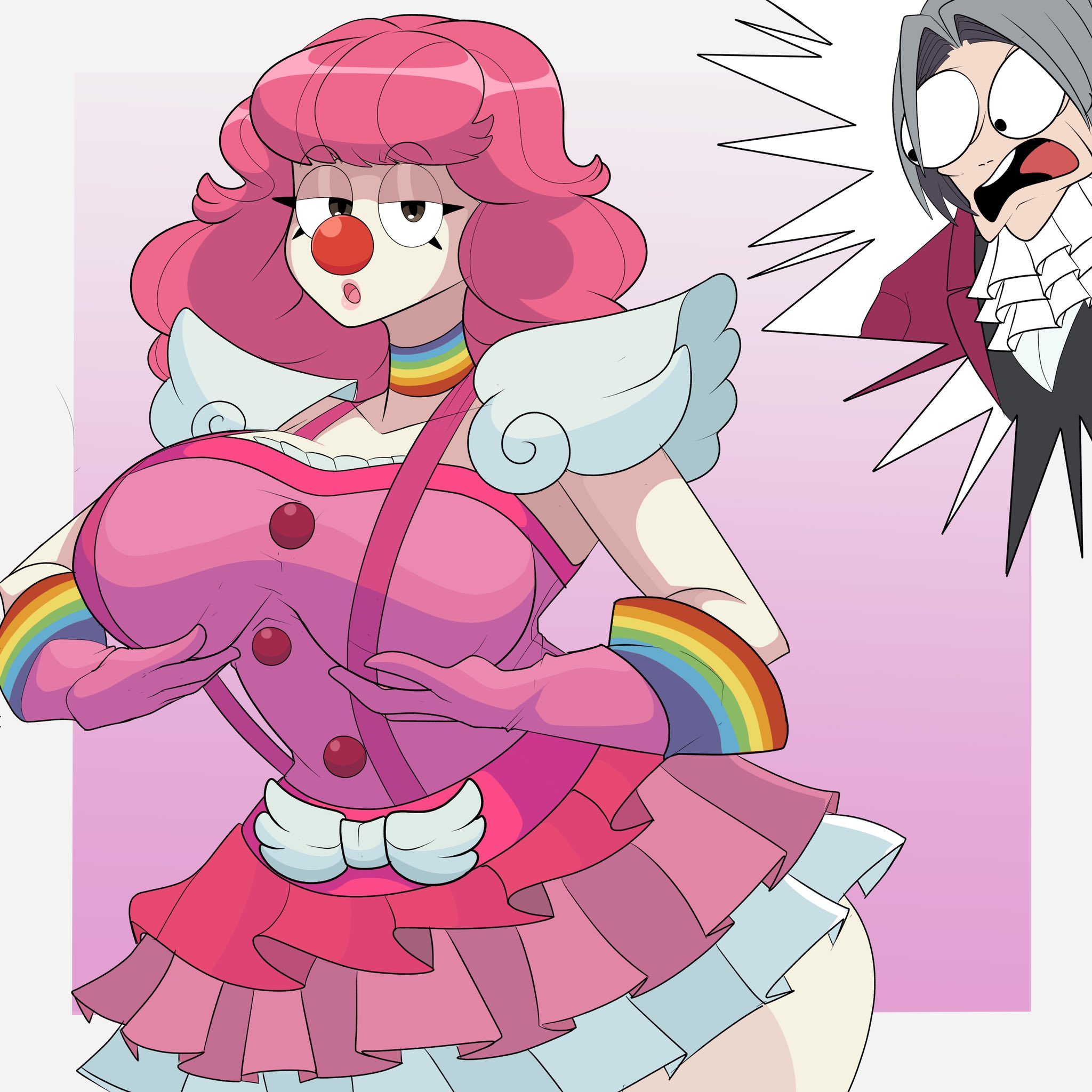 1boy, 1girls, ace attorney, breasts, clown, clown girl, clussy, female, funny, geiru toneido, grabbing own breast, gyakuten saiban, large breasts, long hair, male, miles edgeworth, pink hair, saltynoodles