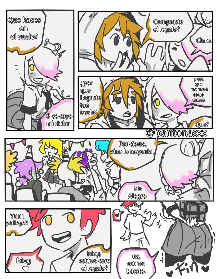 1girls aiden_fox_(fnafhs) ass ass_in_dress ass_visible_through_clothes black_eyes blonde_hair blue_hair comic comic_page fnafhs foxy_(fnafhs) glasses heart meg_(fnafhs) orange_eyes paritonaxxx partially_colored party party_hat red_hair spanish_text springtrap_(fnafhs) text twitter_username two_tone_hair yellow_eyes