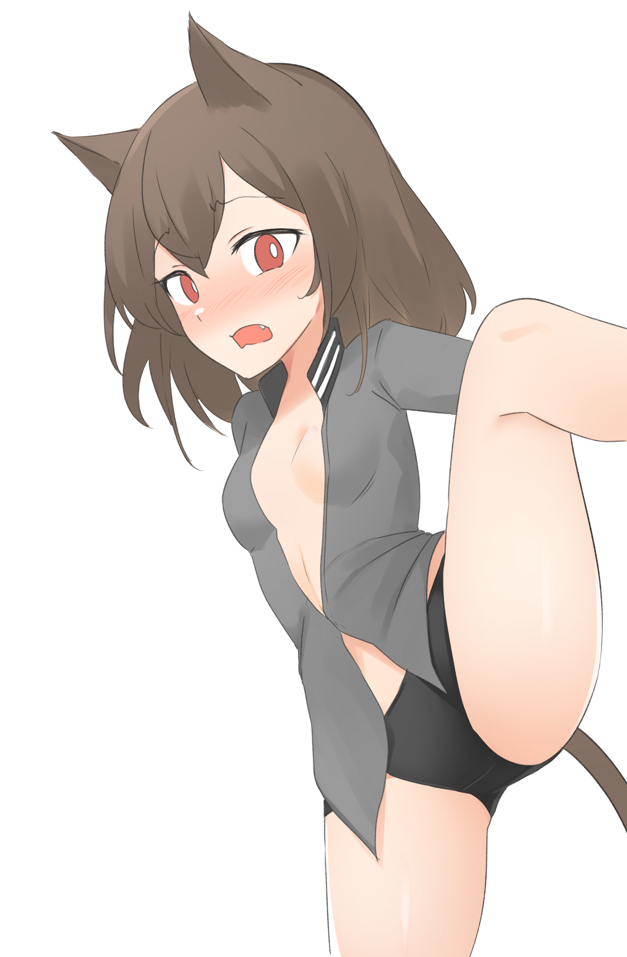 1girls, animal ears, animal tail, black panties, blushing, breasts, brown hair, cat ears, cat girl, cat tail, clothed, cute fang, daebom, female, female only, light skin, light-skinned female, looking at viewer, no sex, one leg up, panties, personification, petite, puma (daebom), red eyes, shirt, short hair, simple background, small breasts, solo, suggestive, thighs, war thunder, white background