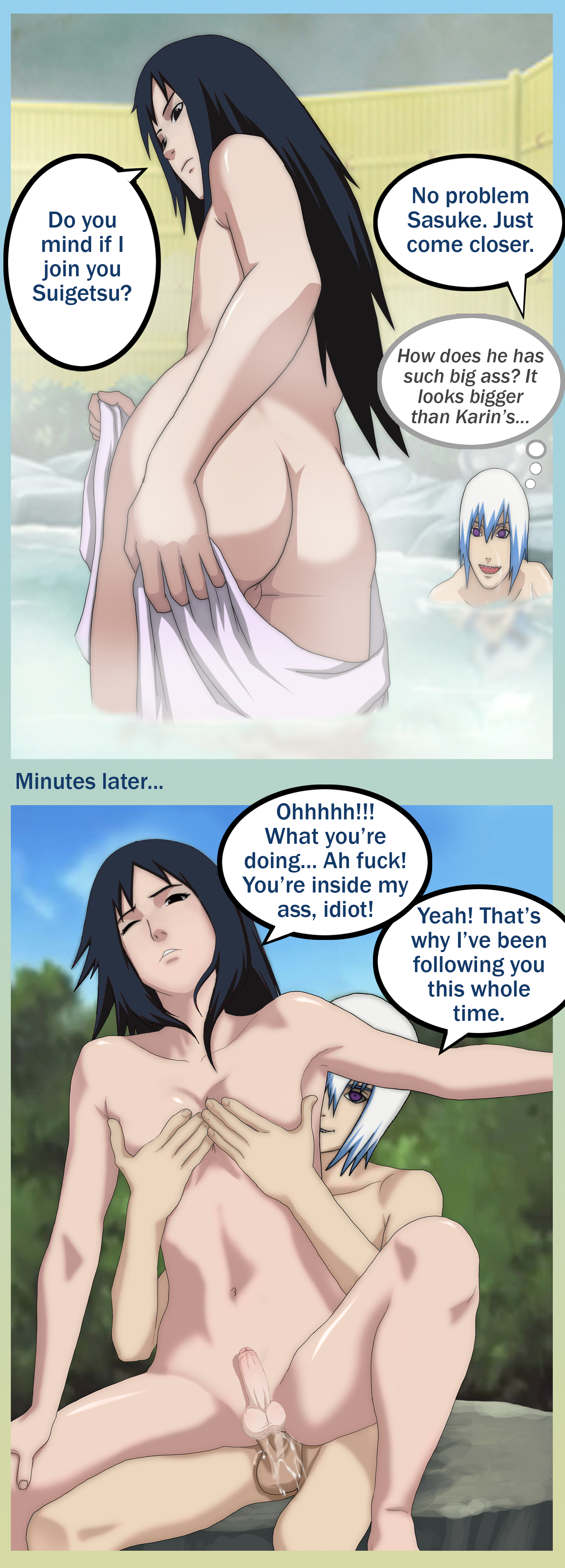 2boys, anal, anal sex, ass, bath, big ass, breast grab, breasts, comic, dialogue, english text, femboy, gay, gay sex, hozuki suigetsu, long hair, male, male only, naruto, naruto (series), naruto shippuden, penis, reluctant, sasuke uchiha, sitting, small penis, text, third-party edit, uncensored, yaoi