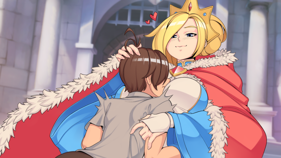 1boy 1girls big_breasts bigger_female blonde_eyebrows blonde_female blonde_hair blue_eyes breasts brown_hair crown deidra_(quest_failed) face_in_breasts frostworks matt_(quest_failed) milf mother queen quest_failed smaller_male