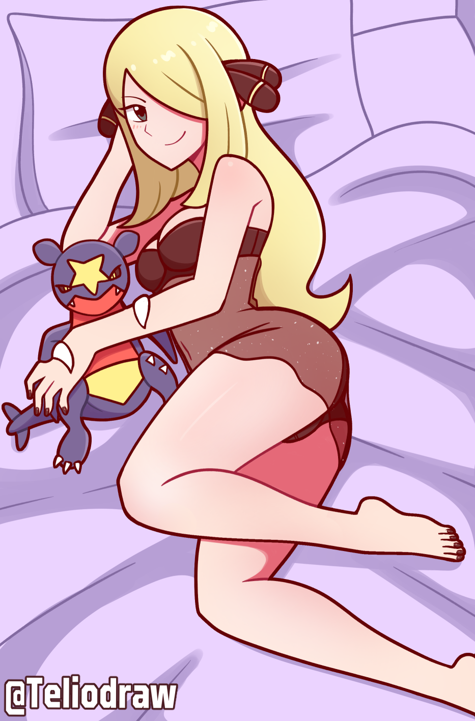 1girls blonde_hair clothed clothed_female clothing cynthia_(pokemon) garchomp laying_down lingerie lying lying_down pokemon pokemon_(game) pokemon_(species) teliodraw wholesome