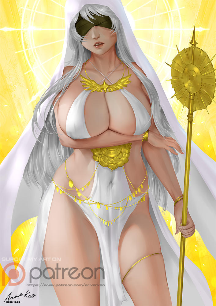 ariverkao big_boobs big_breasts blindfold blindfolded boobs church female gold gold_(metal) gold_jewelry gold_staff hips large_breasts light light-skinned_female light_skin maid navel nier:_automata nier_(series) patreon_username priest priestess saint see-through see-through_clothing silver_hair smile smiling staff white_hair yorha_2b