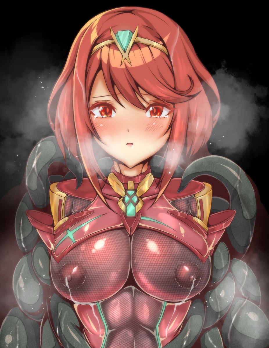 1girls, armor, big breasts, blush, bondage, breasts, core crystal, crying, female, imminent rape, lactating, lactation, milk, nintendo, pyra, red eyes, red hair, seedbed, short hair, tagme, tentacle, tiara, xenoblade (series), xenoblade chronicles 2