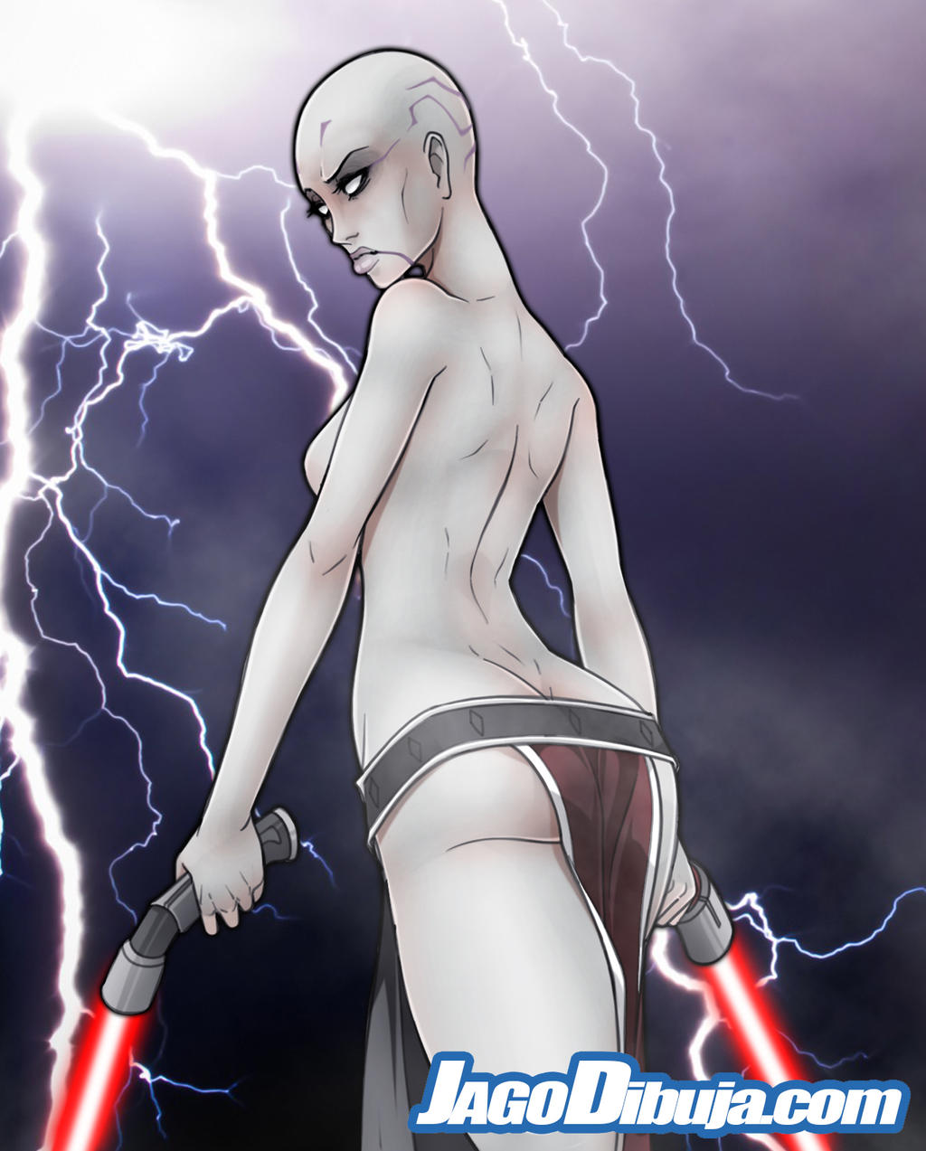 1girls 2016 alien alien_girl asajj_ventress ass background bald bald_female bottomwear breasts clone_wars dathomiri eyes facial_markings facial_tattoo female_only head_tattoo holding holding_object holding_sword holding_weapon humanoid jago_dibuja laser lightning lightsaber loincloth looking_at_viewer looking_back medium_breasts melee_weapon open_eyes pale-skinned_female pale_skin partially_clothed rear_view red_lightsaber science_fiction signature small_ass solo standing star_wars storm sword tattoo text topless topless_female weapon white_body white_eyes