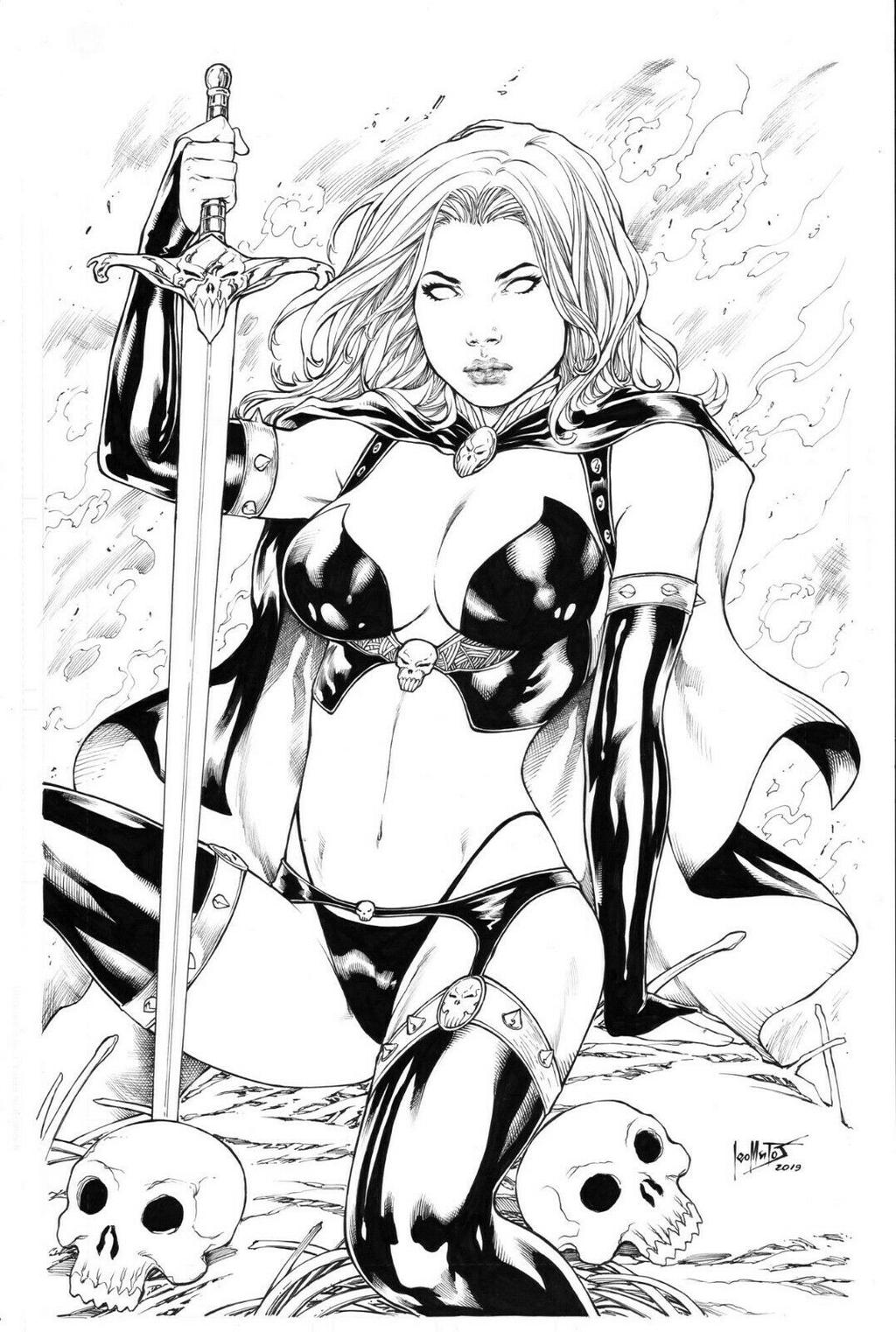 1girls big_breasts black_cape breasts chaos_comics coffin_comics death_(personification) ed_benes_studio emotionless goddess grim_reaper holding_sword lady_death large_breasts latex_boots latex_bra latex_stockings latex_thong leo_matos long_hair monochrome queen_of_the_dead sword tagme voluptuous white_body white_hair