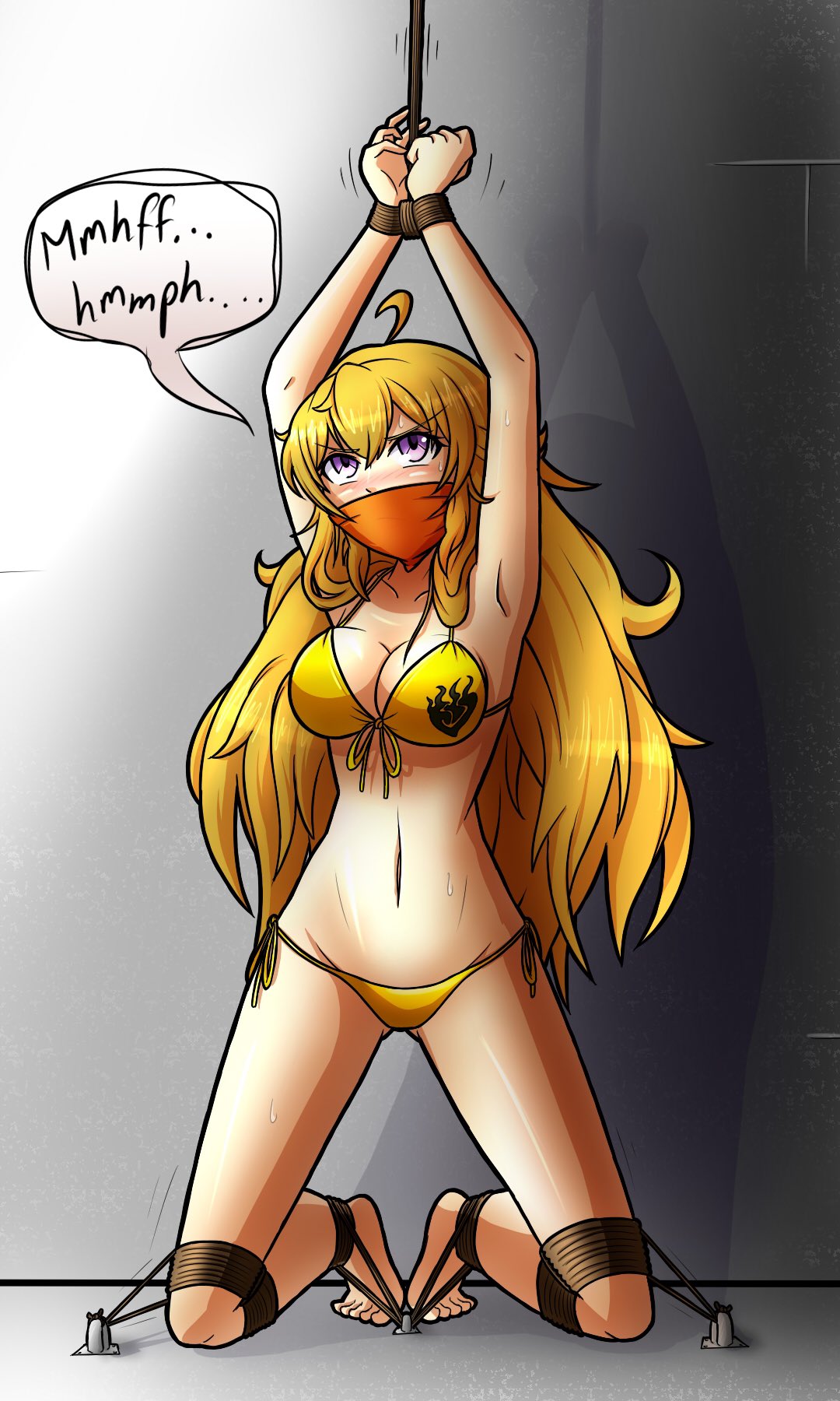1girls, bikini, bondage, female, gag, gagged, gagged speech, hands above head, hands tied, light skin, long hair, magnolia-baillon, muffled, purple eyes, rwby, speech bubble, text, text bubble, tied up, yang xiao long, yellow hair
